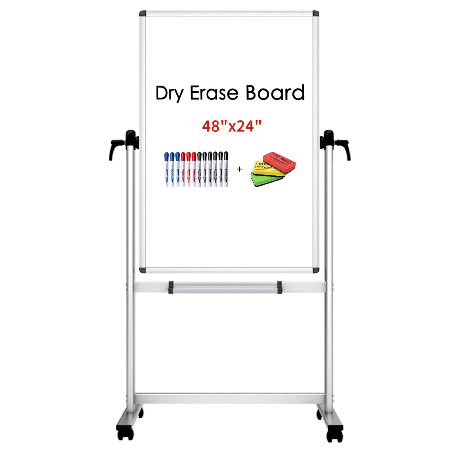 VIZ-PRO 48x24 Inch Double-Sided Magnetic Whiteboard - Aluminum Frame with Stand, Includes 12 Dry Erase Markers & 3 Erasers - Perfect for Office Meetings, Classroom Teaching & Home Organization