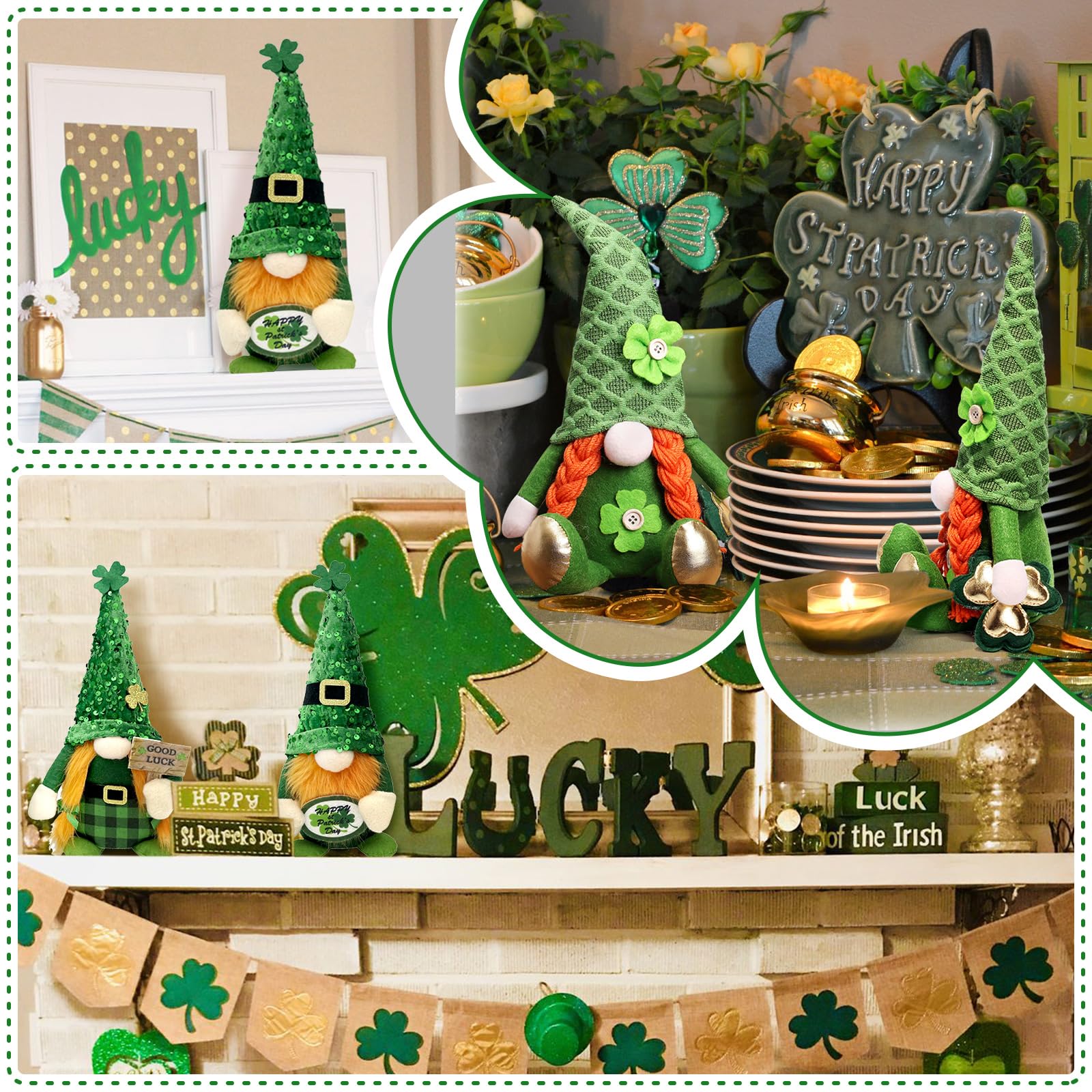 2PCS St. Patrick's Day Gnome Plush Dolls - Green Glitter Leprechaun Shamrock Decorations for Home, Office & Party | Perfect St. Patrick's Day Gifts & Irish-Themed Decor