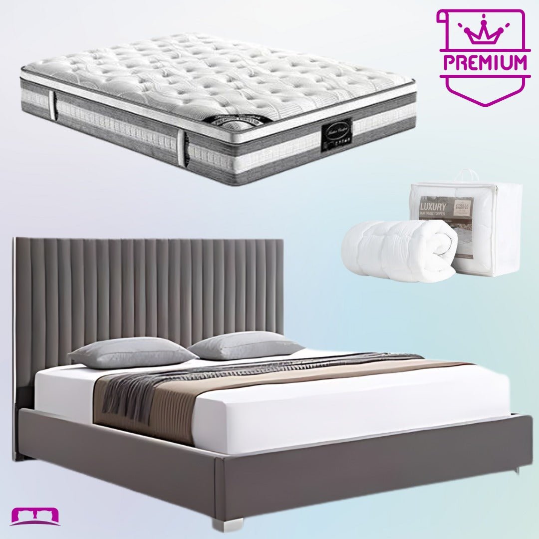 King Premium Bed Set - Luxe Hillsdale Bed Frame in Grey, Plush Euro Top Pocket Spring Mattress (Medium Firm) with Bamboo Mattress Topper | Perfect for Master Bedroom, Guest Room & Luxury Home Decor