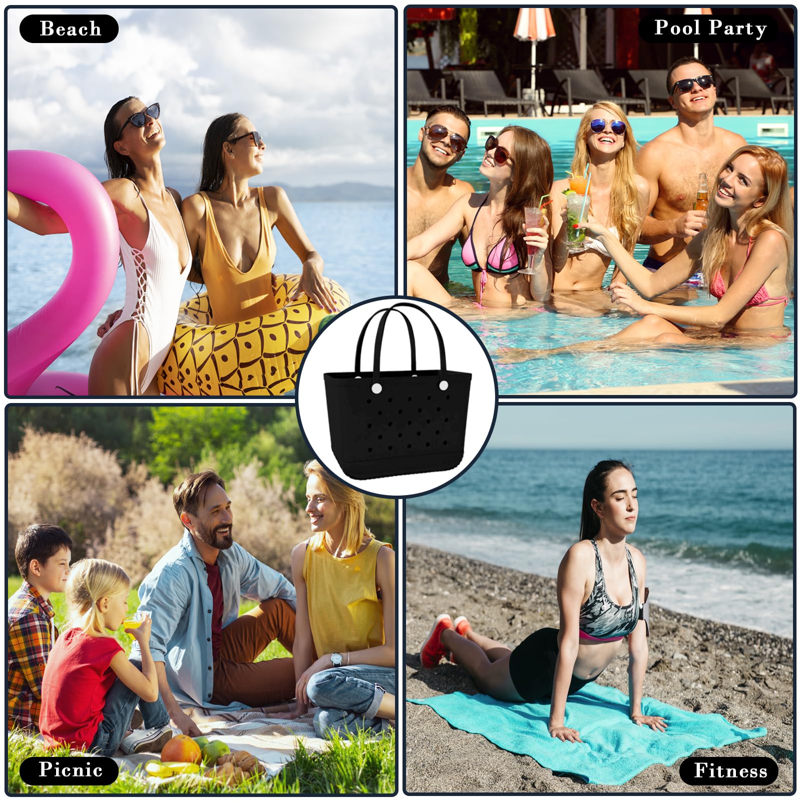 Extra Large Waterproof Beach Tote Bag with Zipper Pocket - Durable Rubber Travel Tote for Women, Gym, Sports & Outdoor Activities | Perfect for Pool, Beach Trips, Shopping & Vacation Essentials