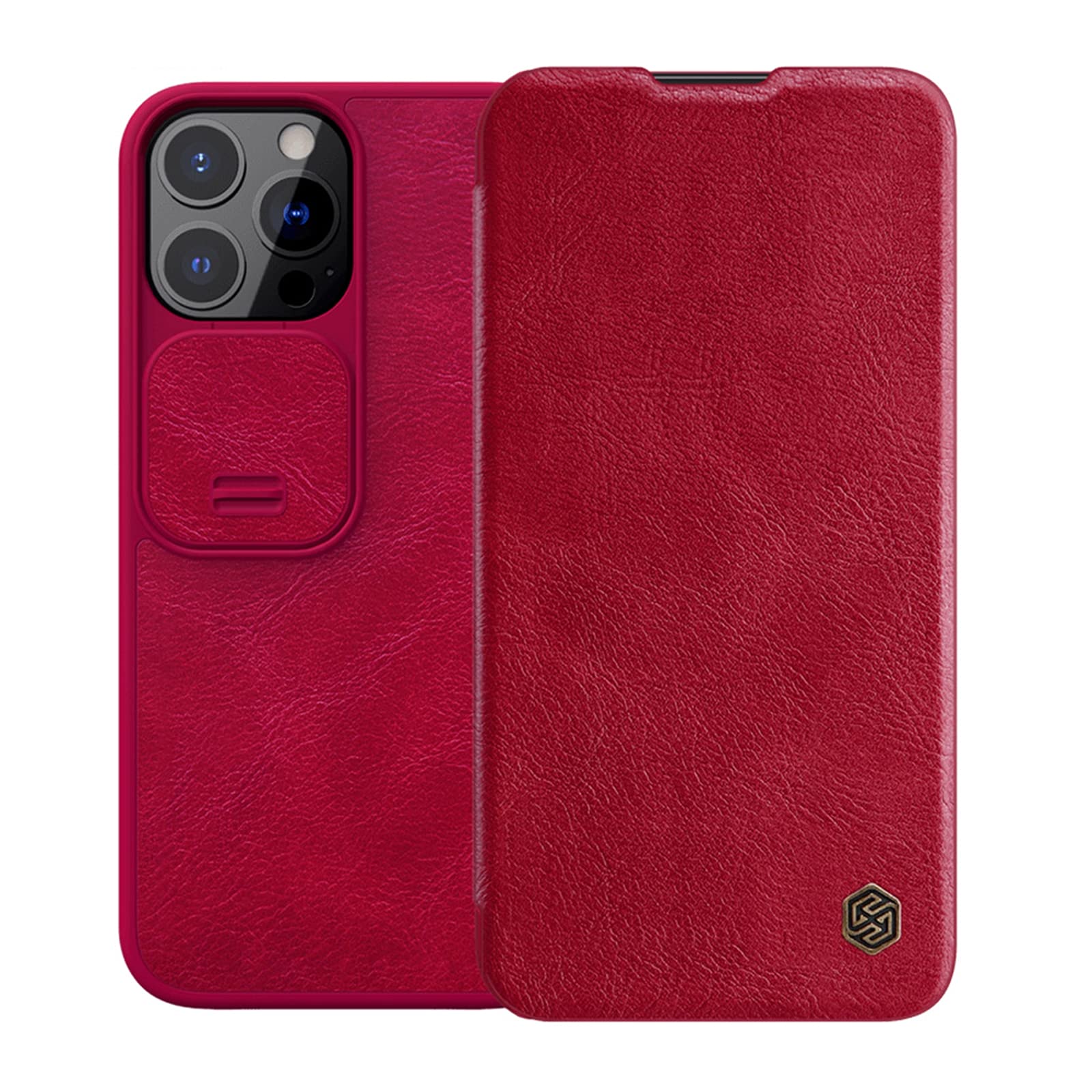 Premium Leather Flip Folio Case for iPhone 13/13 Pro/13 Pro Max - Shockproof Protective Cover with Card Holder & Slide Camera Protection (Red) - Perfect for Business, Travel & Everyday Use
