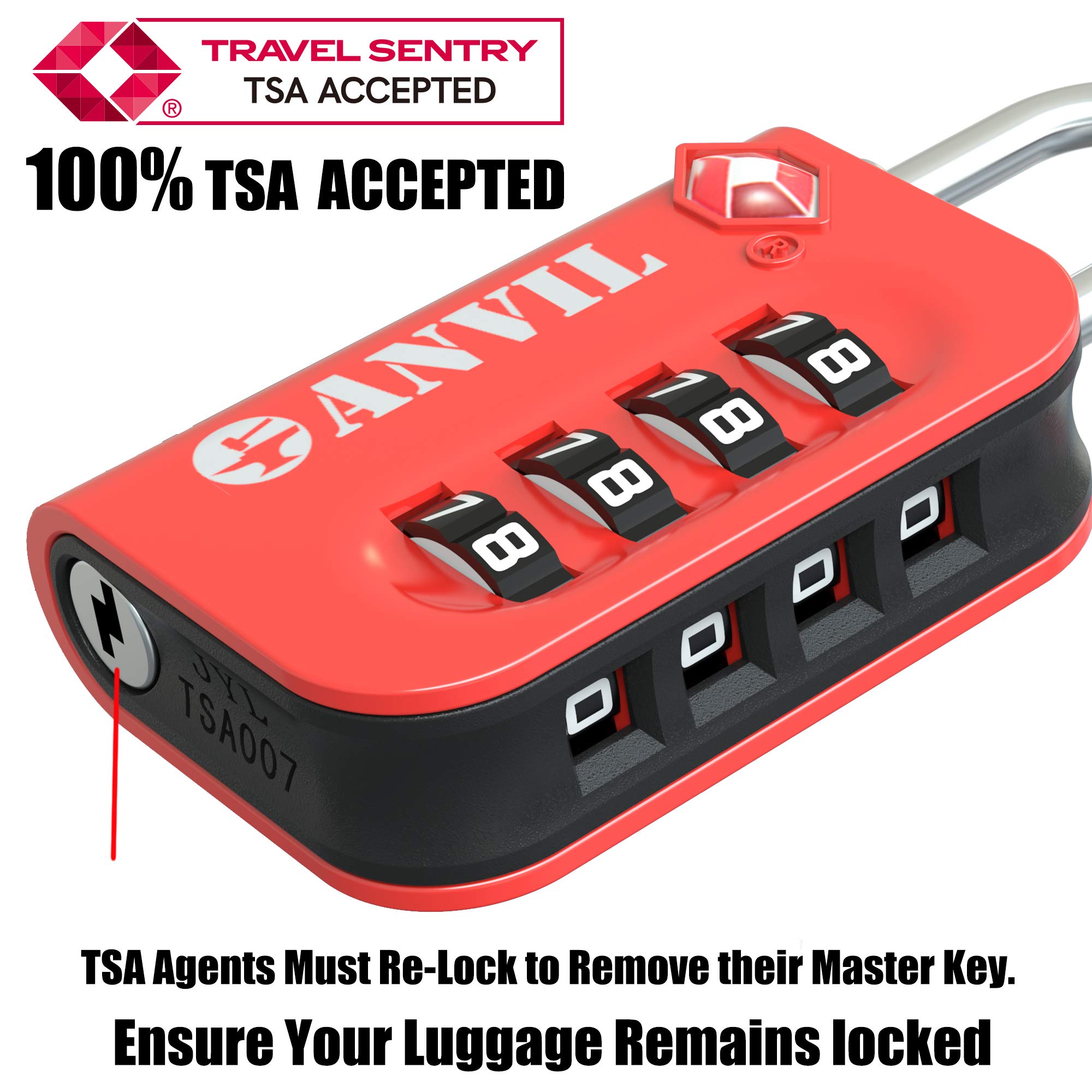 ANVIL TSA Approved Luggage Lock - 4 Digit Combination Lock with 10,000 Security Codes, Easy-Read Dial for Suitcases, Backpacks, Gym & Student Lockers - Perfect for Travel, School & Airport Security