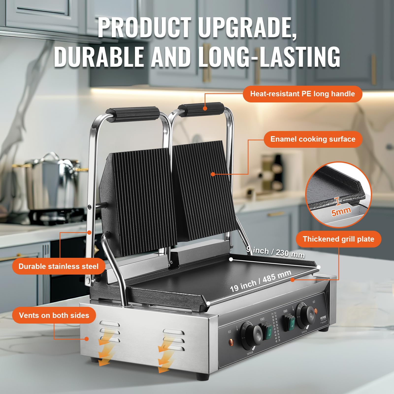 VEVOR 3600W Commercial Electric Panini Grill Press, Stainless Steel Double Sandwich Maker with Temperature Control & 19