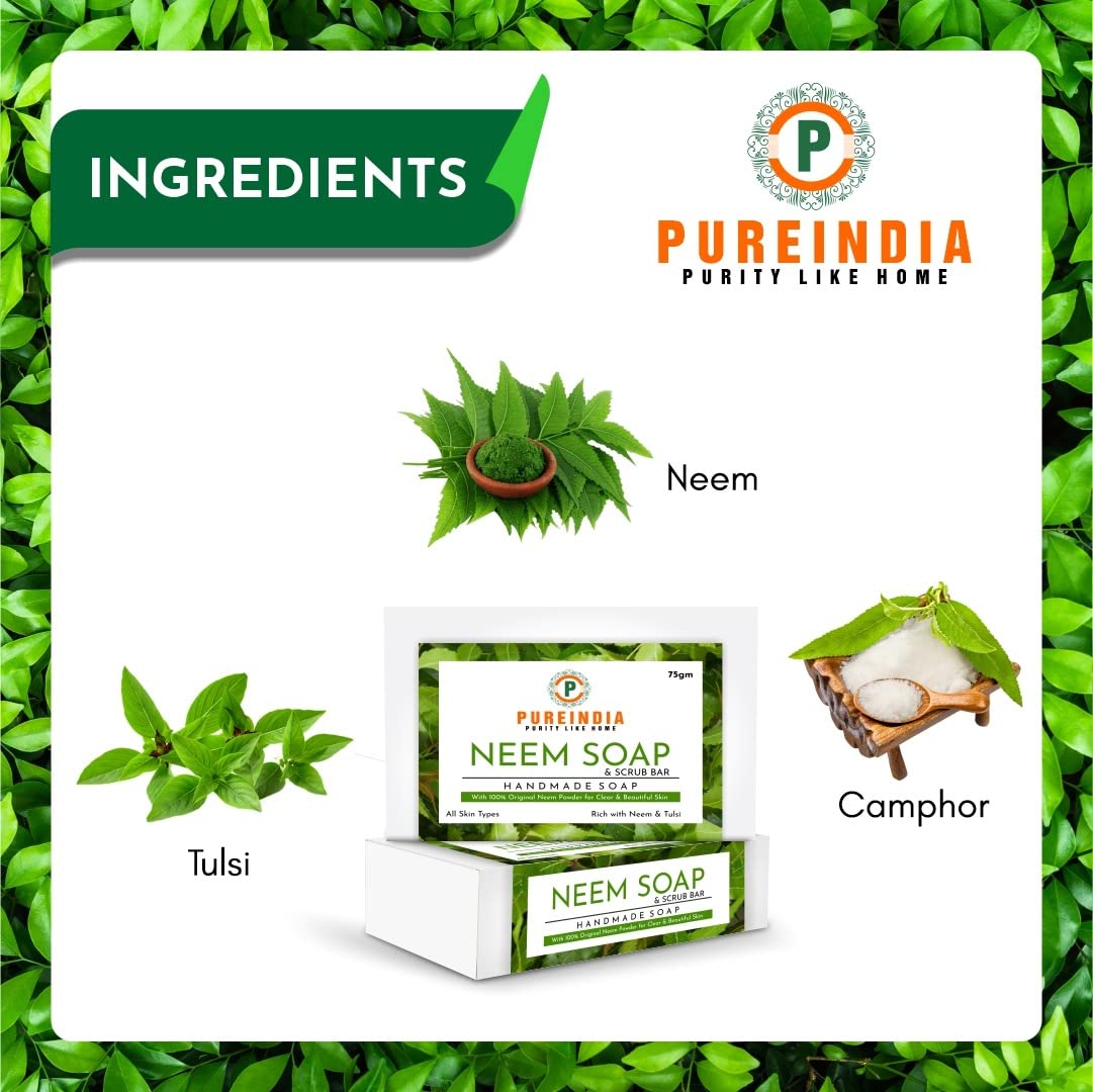 PUREINDIA Handmade Neem Scrub Bar for Acne & Skin Care - Pack of 3 | Natural Neem Petals & Oil | No Synthetic Fragrance | Facial & Body Cleansing Bar for Acne, Pimples, Rashes | Perfect for Daily Skincare Routine & Sensitive Skin Treatment