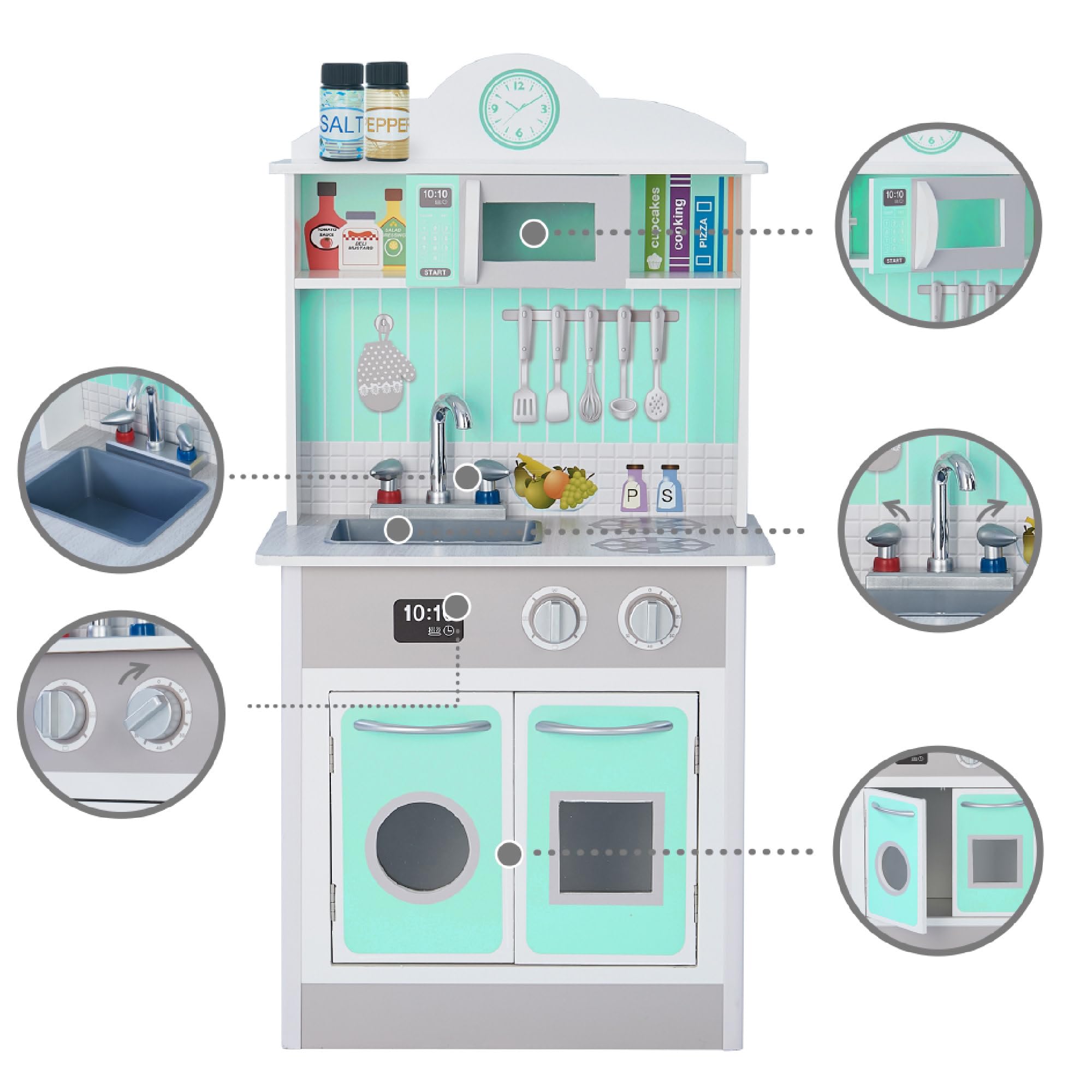 Teamson Kids Little Chef Madrid Classic Interactive Wooden Play Kitchen Set - Pretend Play Toy with Sink, Oven, Microwave & Storage - Easy Clean Gray & Mint Design - Perfect for Toddlers & Preschoolers Role Play, Birthday Gifts & Daycare Learning Activities