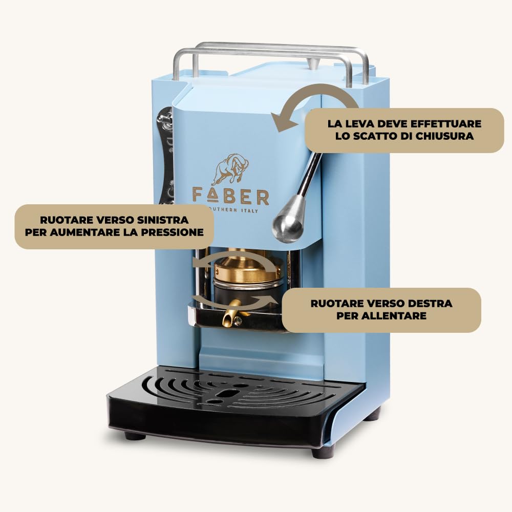 FABER COFFEE MACHINE | Pro Mini Deluxe Model | 44mm E.S.E. Pod Coffee Machine | Chrome Finish | Brass Portafilter (Turquoise) - Perfect for Home, Office & Small Cafes