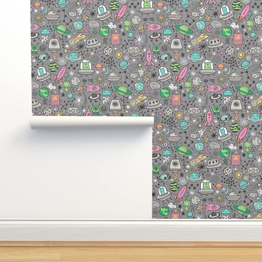 Space Galaxy Universe Doodle Pink Mint Planets Robots Stars Peel & Stick Removable Wallpaper - 9ft x 2ft Self-Adhesive Wall Decal for Bedroom, Nursery, Office & Home Decor by Spoonflower