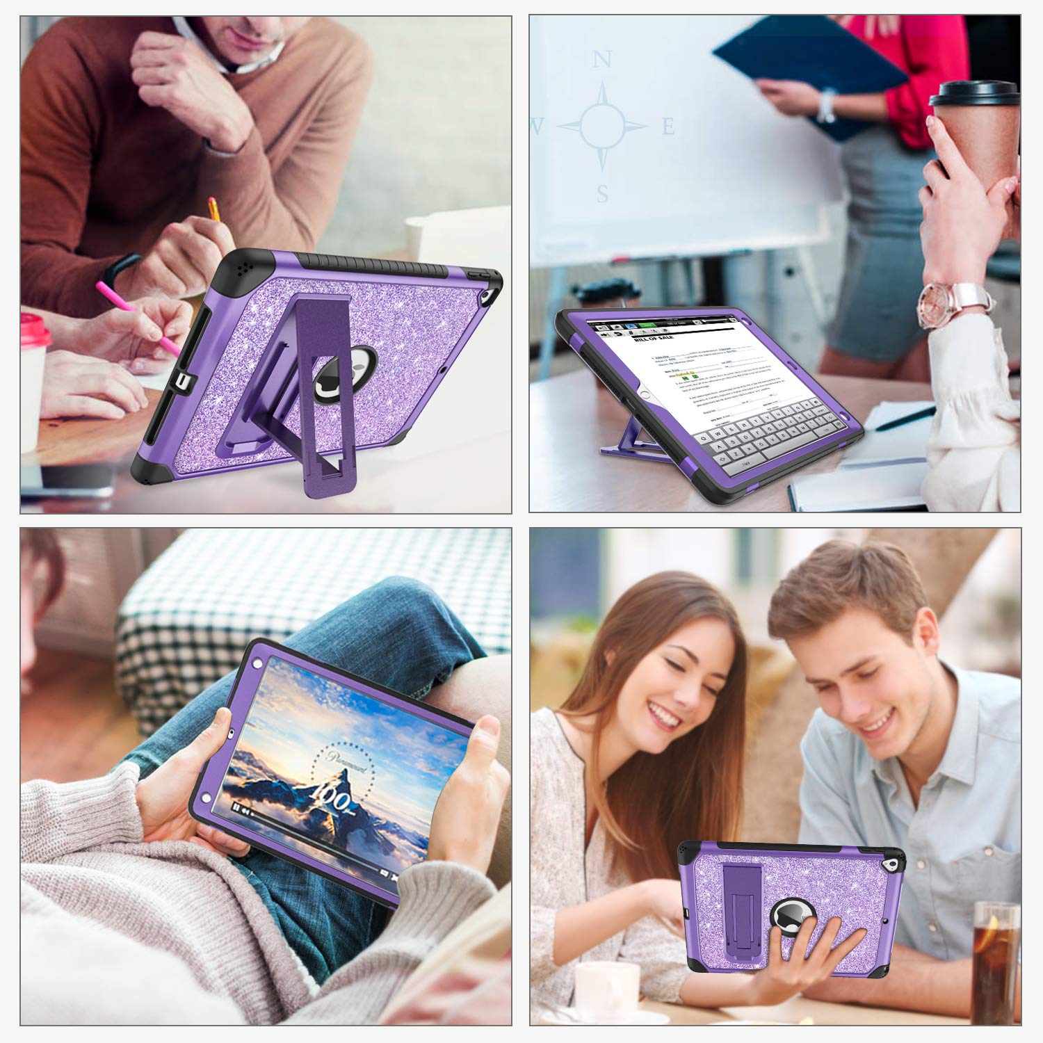DUEDUE iPad 9.7 Case (2017/2018) & iPad Air 2 Case - 6th/5th Gen Protective Cover with Kickstand | Shockproof Glitter Bling Hard PC Shell | Perfect for iPad Pro 9.7 - Purple | Ideal for School, Work & Travel Protection
