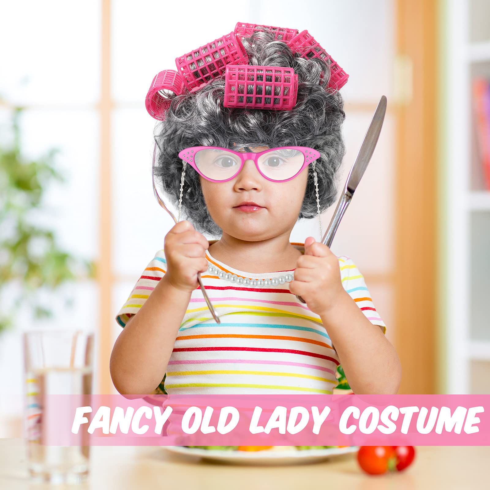 7-Piece Old Lady Costume Set with Gray Wig & Hair Rollers - Halloween Dress Up for Kids & Adults - Perfect for Halloween Parties, Cosplay & Themed Events