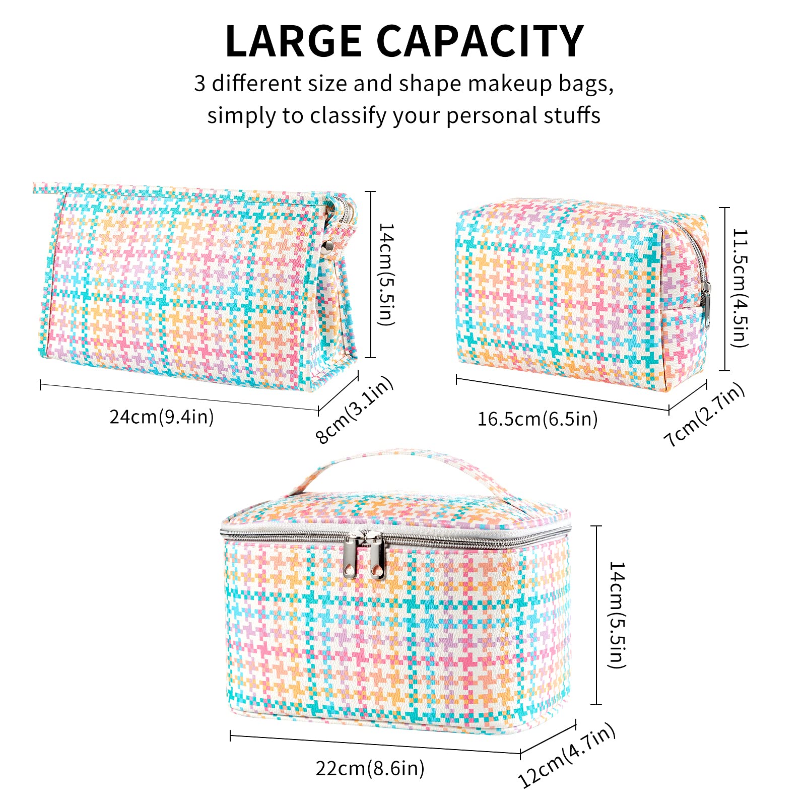 Cute Pink Tetris Makeup Bag Set - 3 Piece Small Cosmetic Bags for Women | Travel Toiletry Organizer for Makeup, Jewelry & Essentials | Perfect for Vacation, Gym & Daily Use