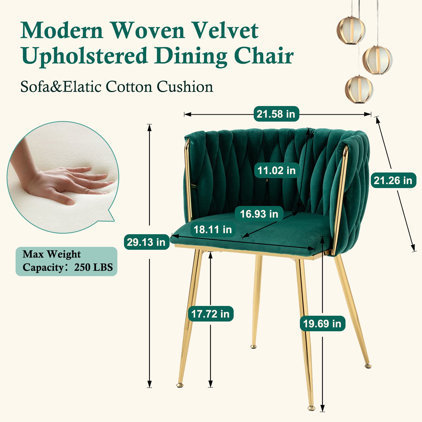 Modern Velvet Dining Chairs Set of 2 - Handwoven Upholstered Accent Chairs with Golden Metal Legs for Living Room, Dining Room & Kitchen Vanity | Emerald Green Luxury Seating for Home Decor & Entertaining