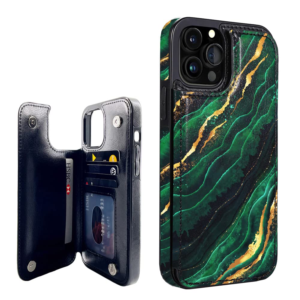 Obbii Green Gold Marble Flip Wallet Case for iPhone 13 Pro Max 6.7