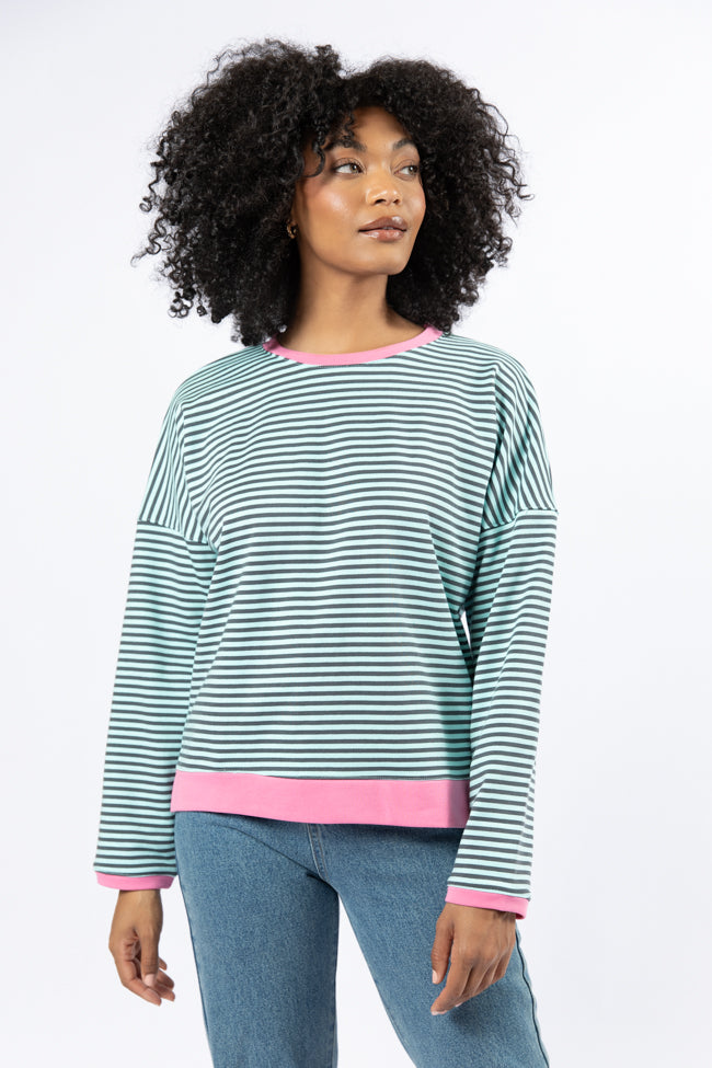 Think On It Pink, Navy, and Charcoal Striped Contrast Trim Pullover Sweater | Women's Casual Knit Top | Perfect for Fall Layering and Weekend Outfits