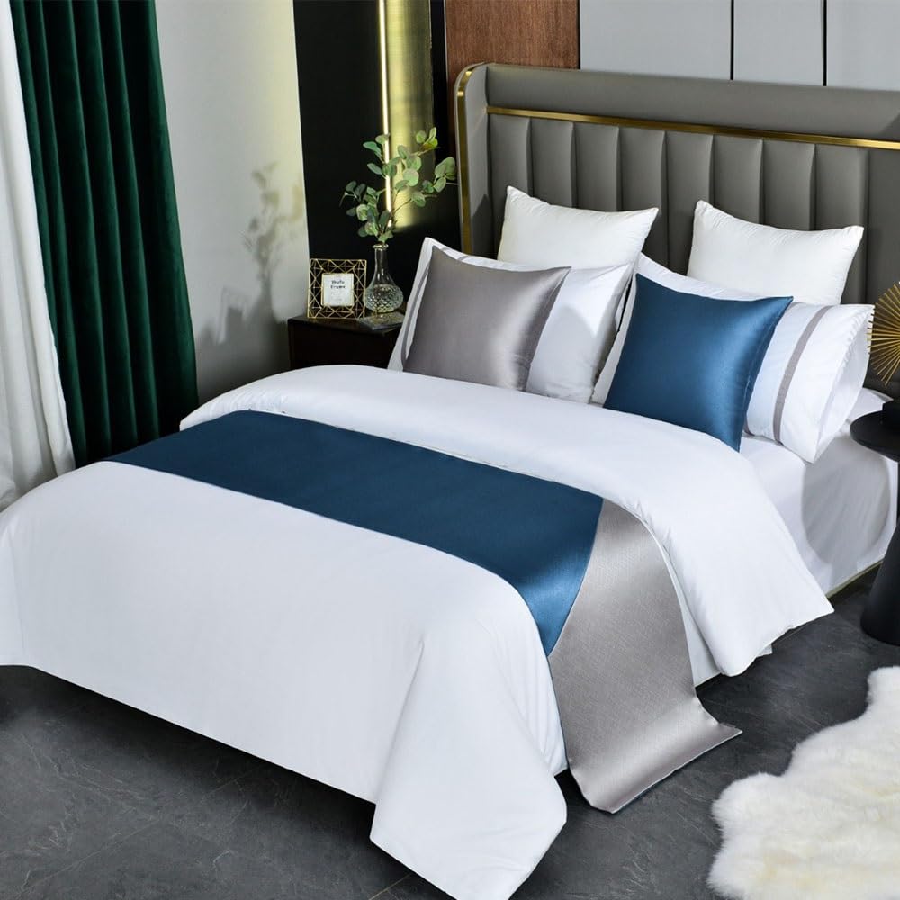 Modern Minimalist Splicing Bed Runner - Dark Blue Luxury Bed Scarf for Foot of Bed Protection - Hotel & Guesthouse Bedding Decor - Perfect for Home Styling and Guest Room Elegance