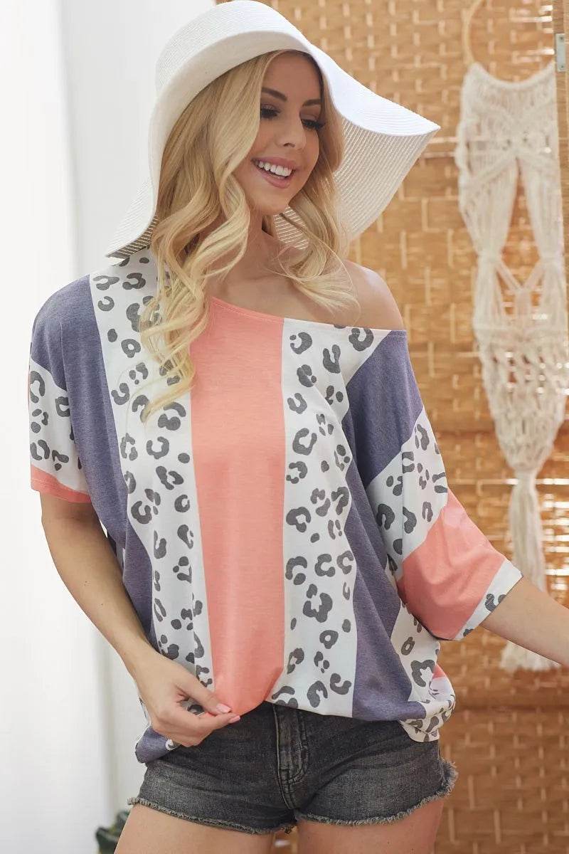 BiBi Leopard Stripe Printed French Terry Oversized Top - Trendy Women's Casual Loungewear for Home & Streetwear