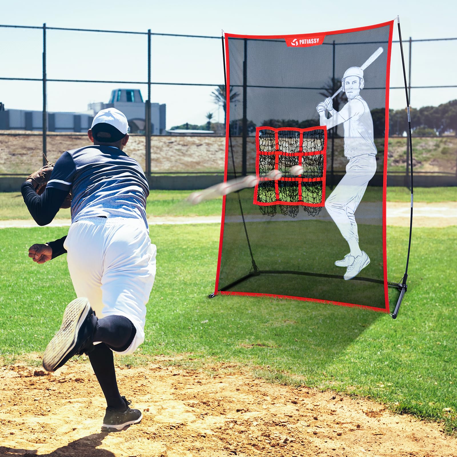 Portable 9-Pocket Baseball & Softball Pitching Net with 2 Sandbags | Backyard Training Equipment | Includes Carry Bag & 2 Baseballs | Perfect for Youth Practice, Batting Drills & Fielding Training