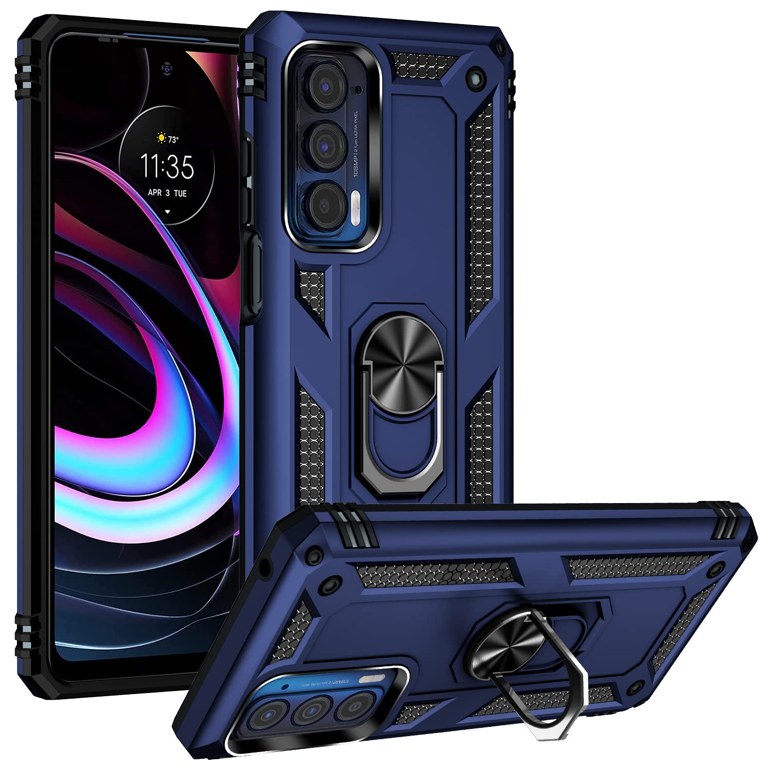 Motorola Edge 2021 Case with Metal Ring Stand - Military Grade Shockproof Cover for Moto Edge 5G UW - Perfect for Car Mount & Daily Protection (Blue)