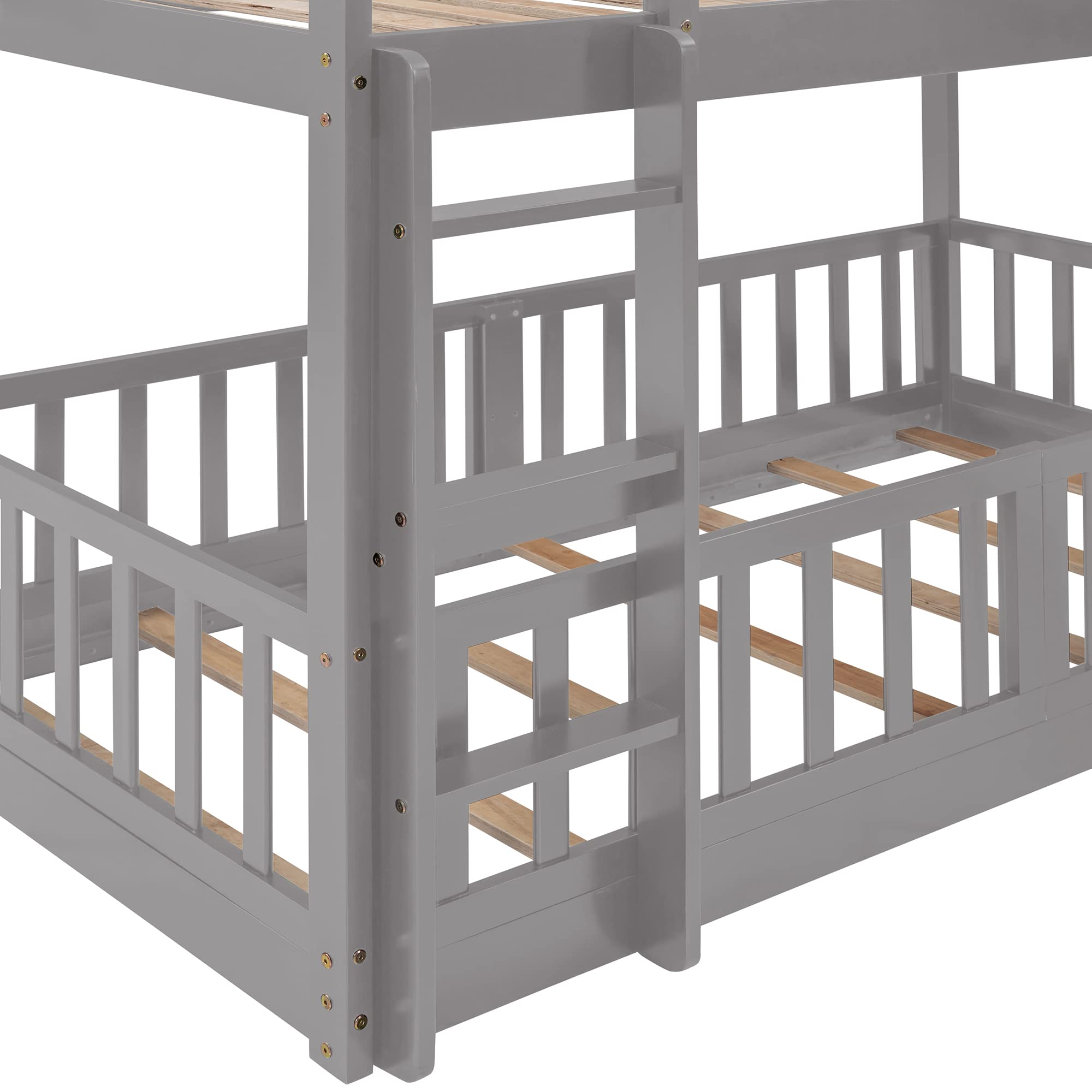 Kids Bunk Beds with Slide - Toddler Floor Bed with Safety Fence - Twin Over Twin Low Bunk Bed for Boys & Girls - Sturdy Wood Bed Frame in Gray - Perfect for Small Bedrooms & Playrooms