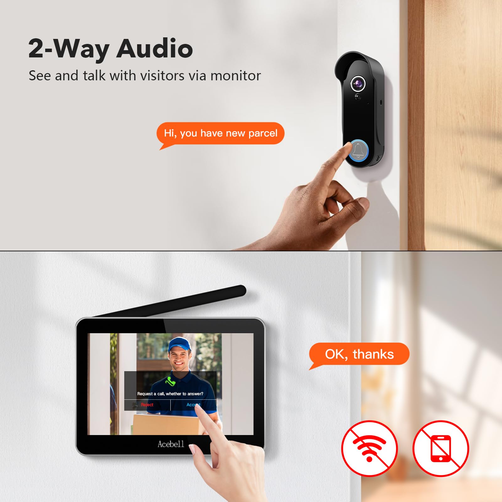 Wireless Video Doorbell Intercom System with 7'' Touch Screen Monitor - 1080P HD Camera, Battery Operated, Motion Detection, No Monthly Fees - Perfect for Home Security & Smart Door Access