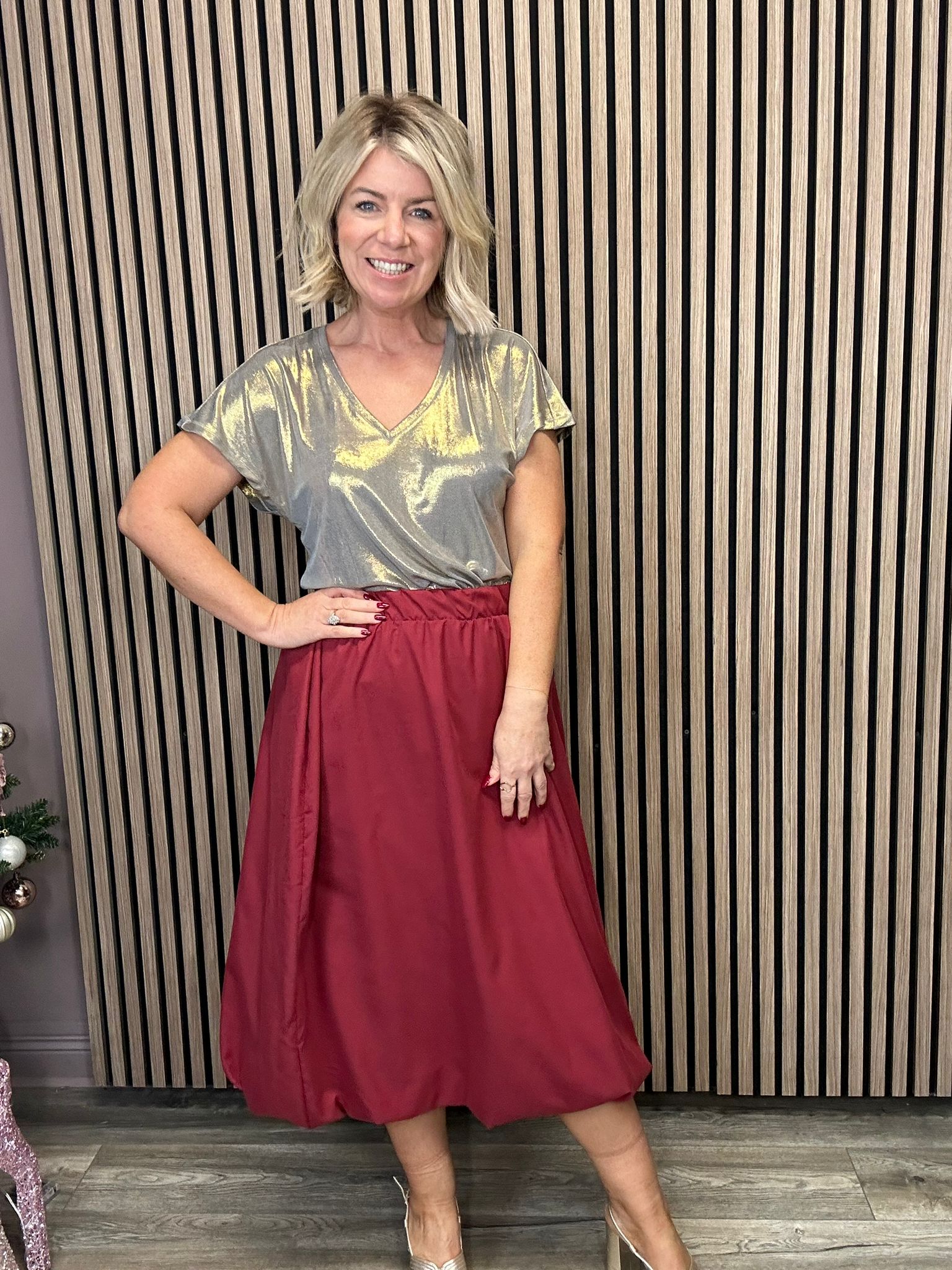 Eimear Women's Midi Balloon Skirt in Cabernet Red - Flowy A-Line Party Dress for Weddings, Cocktail Events & Date Nights