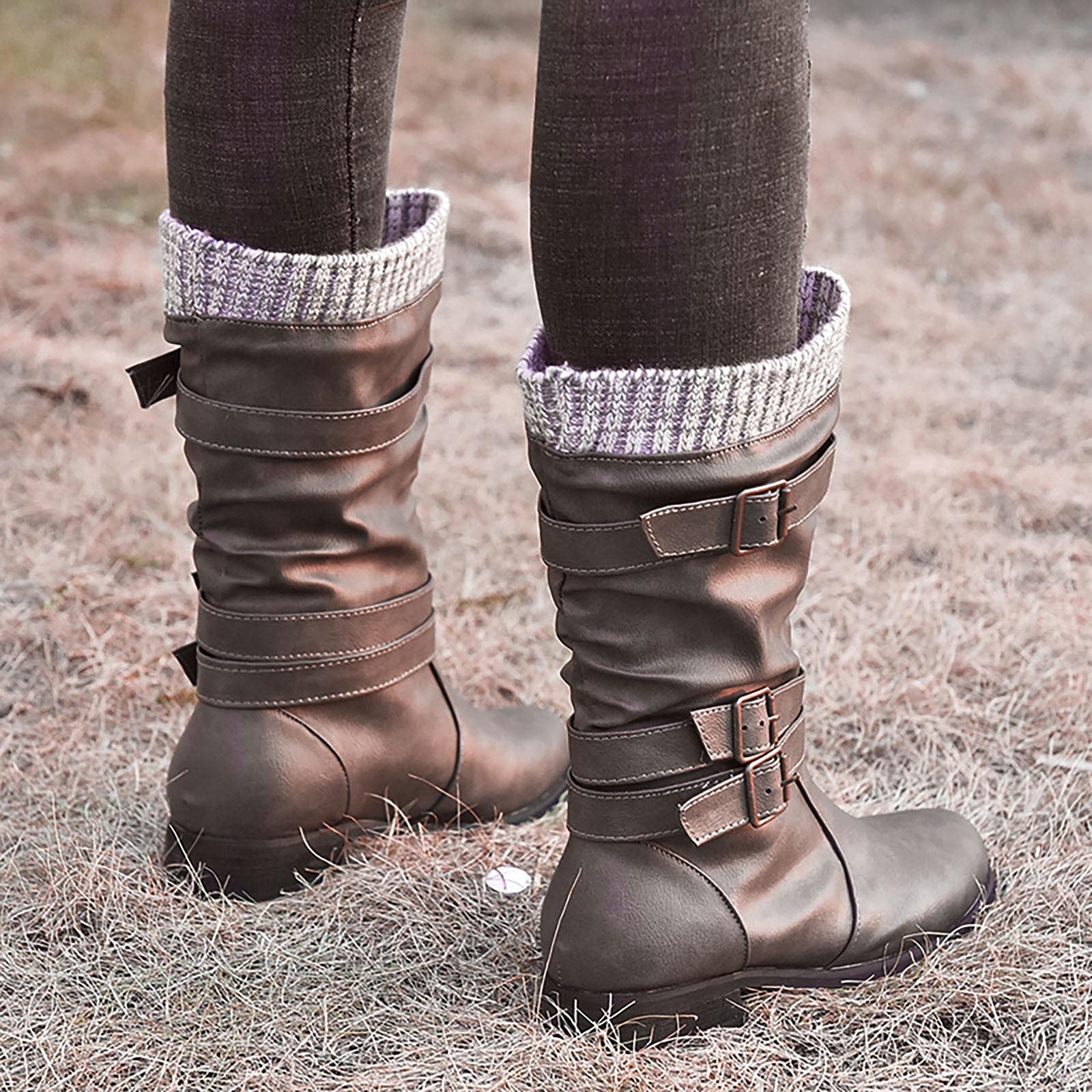 Oiangi Women's Winter Boots - Fashion Round Toe Buckle Strap Chunky Heel Slip-On Mid Calf Boots | Retro Comfortable Casual Ladies Footwear for Work, Dating & Daily Wear