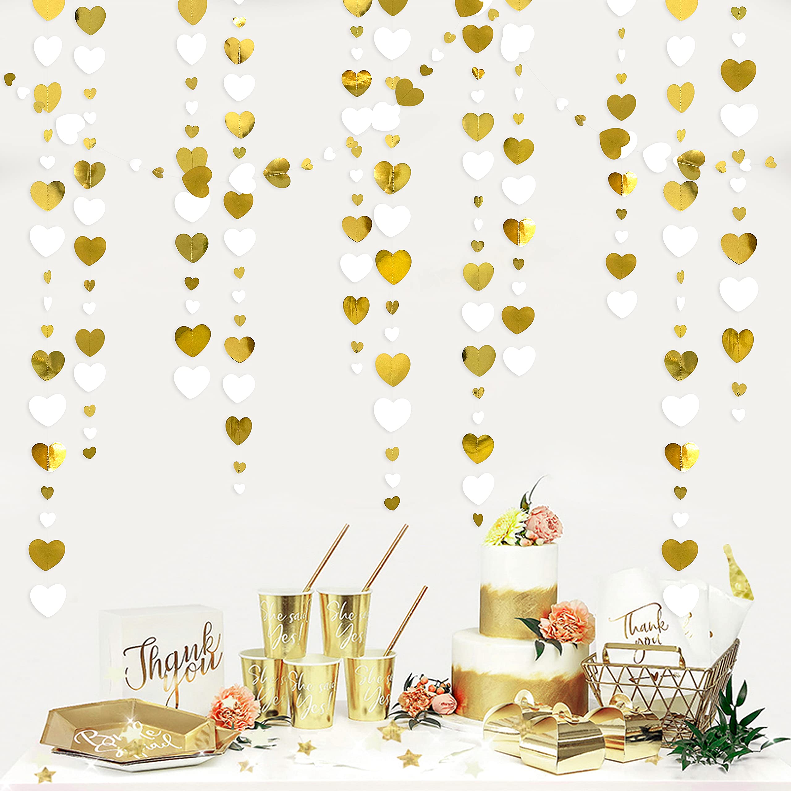 White and Gold Heart Garland - Valentine's Day Party Decorations for Anniversary, Bachelorette, Mother's Day, Engagement, Wedding, Bridal Shower & Birthday | Romantic Hanging Love Streamer Banner for Home & Event Decor
