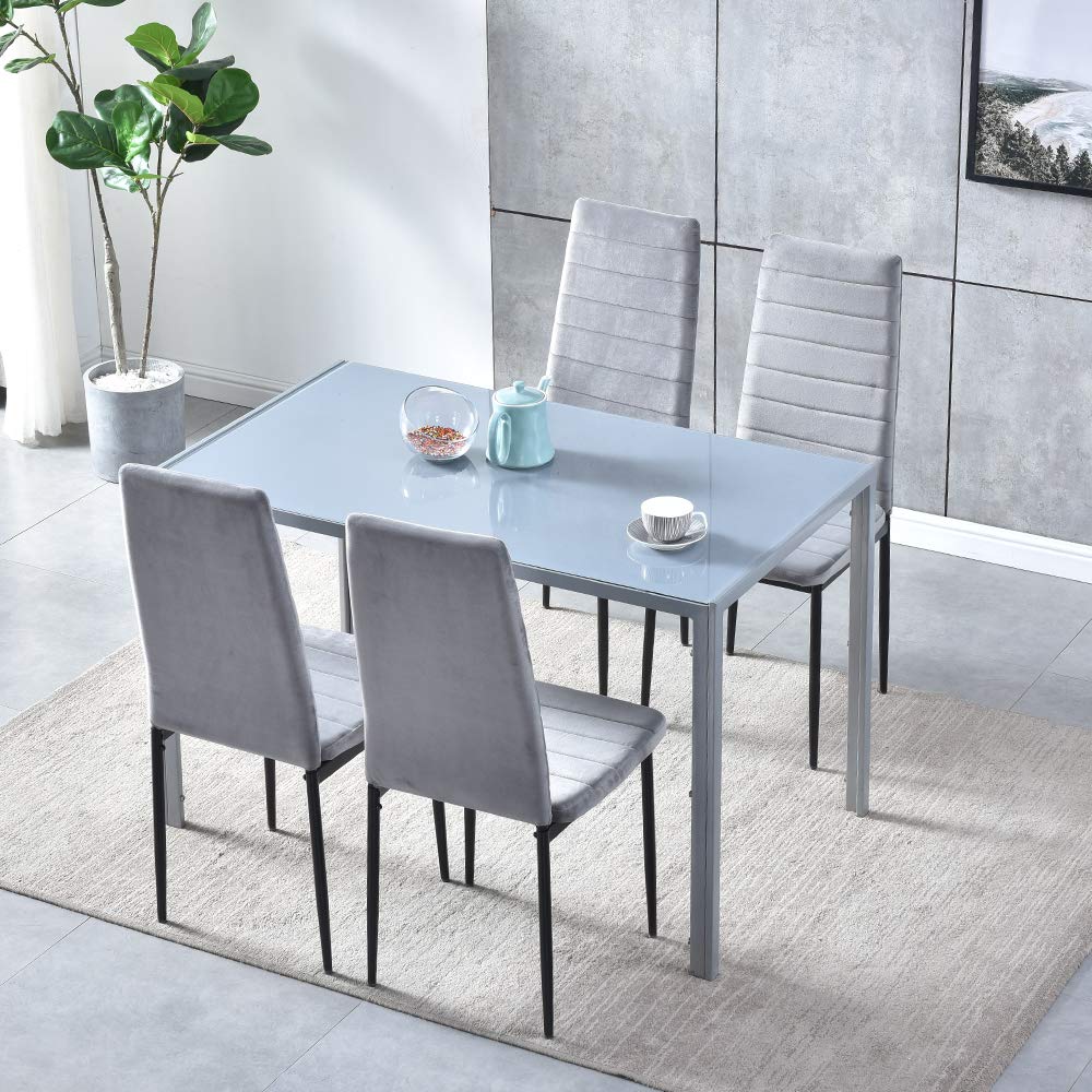 5-Piece Modern Grey Dining Set with Tempered Glass Table & 4 Velvet Chairs - Space Saving Kitchen/Dining Room Furniture for Small Apartments, Breakfast Nooks & Cozy Meals