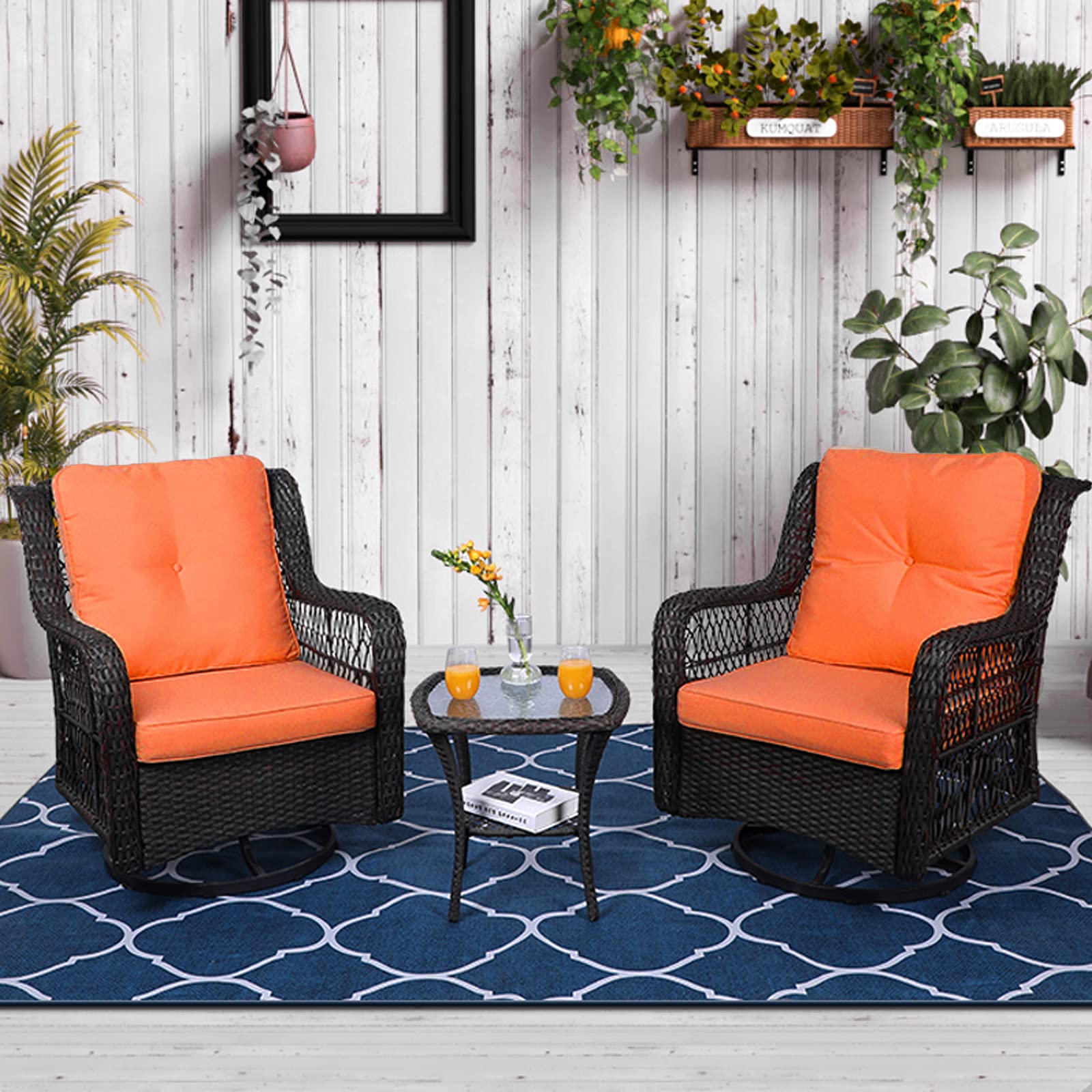VIVIJASON 3-Piece Patio Furniture Set - Wicker Bistro Conversation Set with Cushioned Swivel Rocking Chairs & Glass-Top Coffee Table - Outdoor Rattan Glider Furniture with Thickened Orange Cushions - Perfect for Garden, Porch, Deck and Backyard Relaxation