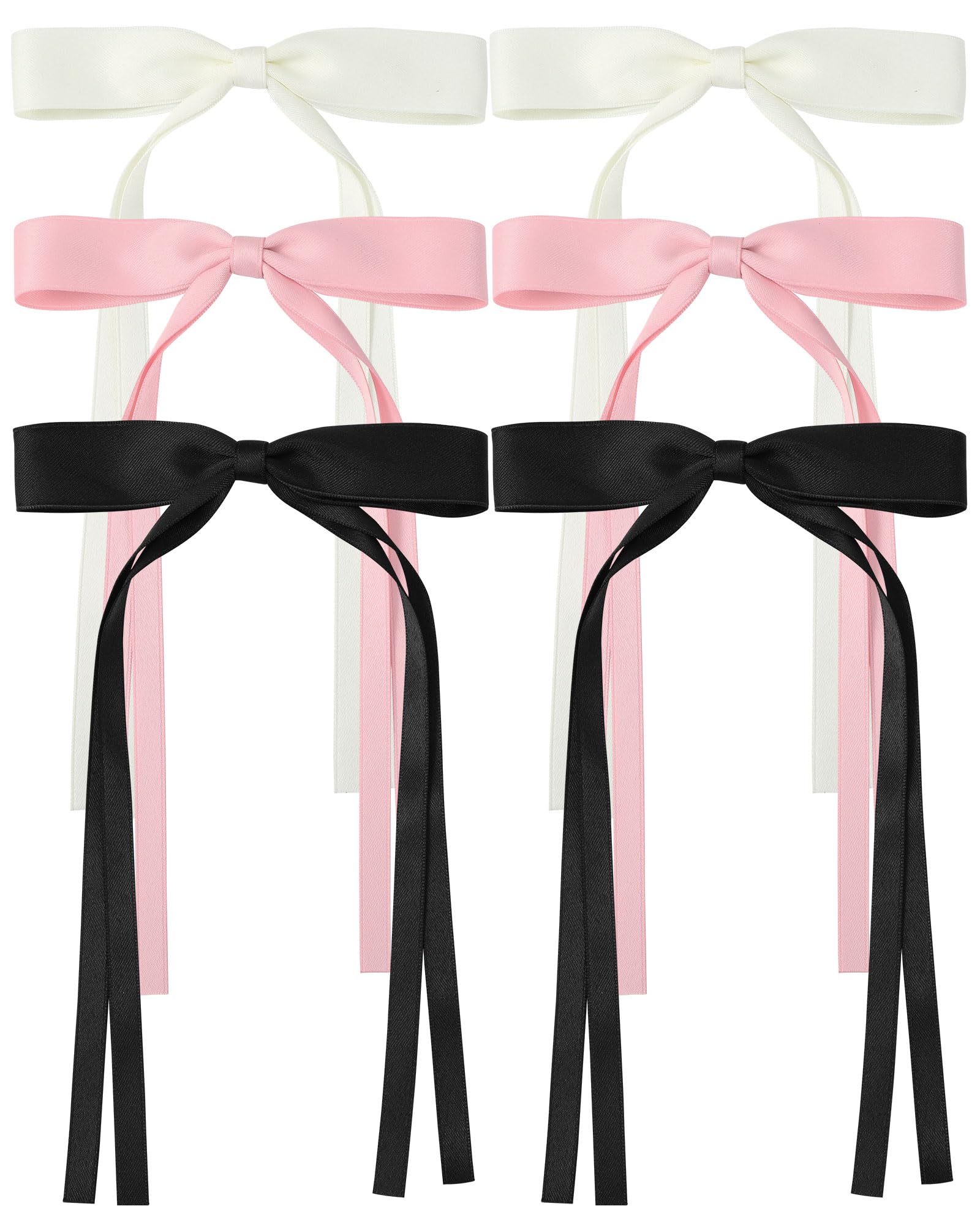 AWAYTR Silky Satin Hair Bow Clips - 3 Pack (Pink, Beige, Black) | Long Tail Hair Accessories for Women & Girls | Perfect for Weddings, Parties & Everyday Styling