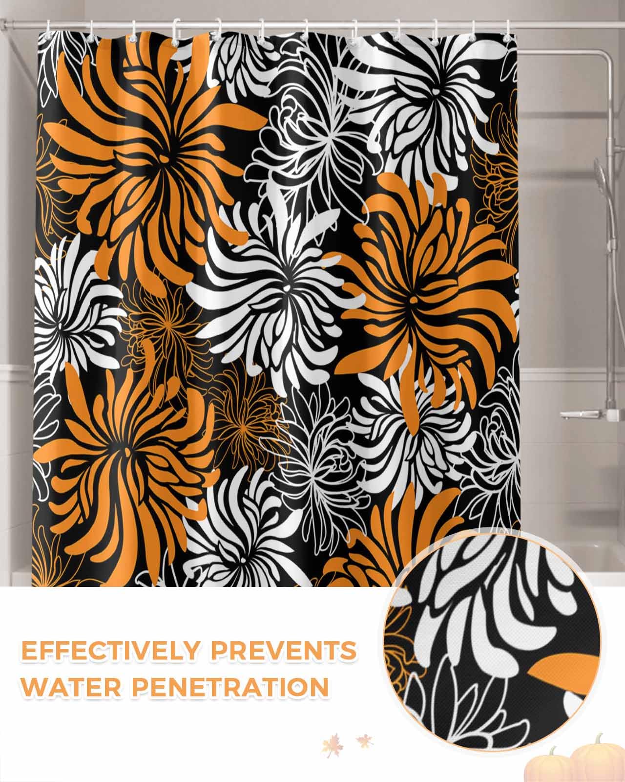 Waterproof Floral Chrysanthemum Shower Curtain Set with Hooks - 66x72 Inch Bathroom Decor for Bathtub & Shower - Perfect for Home, Apartment, and Hotel Use