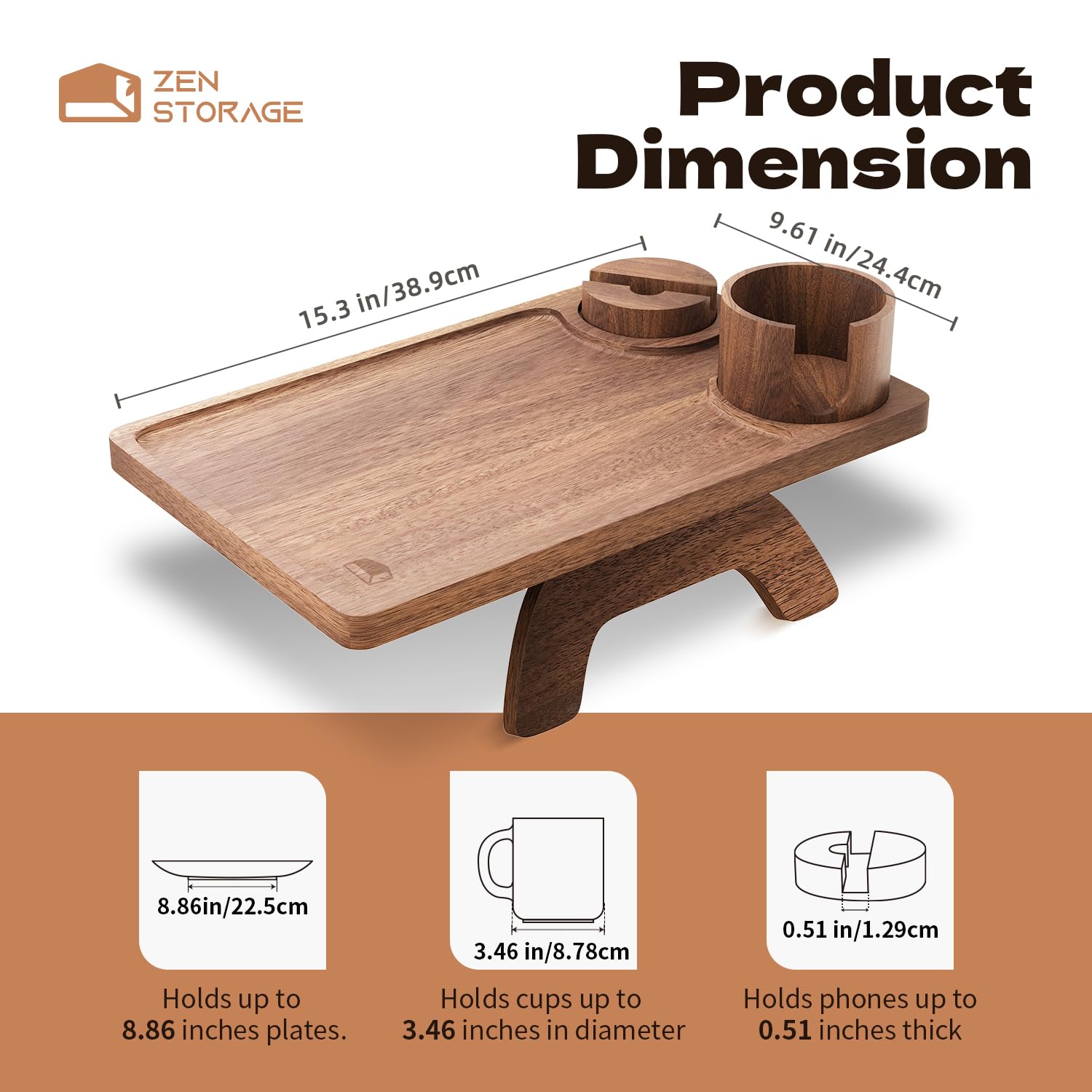 3-in-1 Wooden Couch Arm Table with 360° Rotatable Phone Holder & Cup Holder - Foldable Anti-Slip Sofa Arm Tray for Eating, Snacks, Remote Control & Drinks (Fits 9.84
