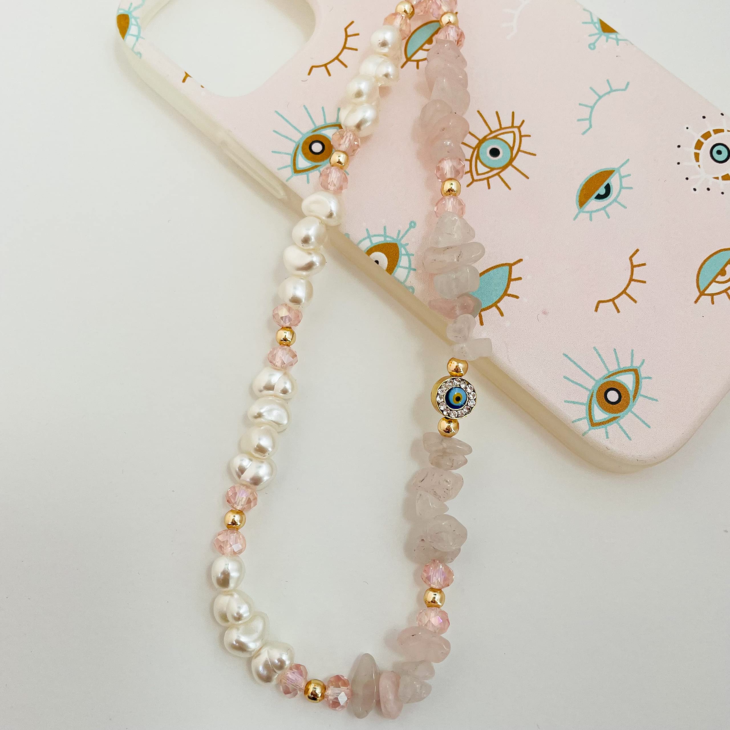 Evil Eye Beaded Phone Charm with Rose Quartz Gemstone - Y2K Pearl Beaded Phone Strap, Handmade Phone Jewelry for Women & Girls - Perfect for Phone Protection, Stylish Accessory & Gift Idea