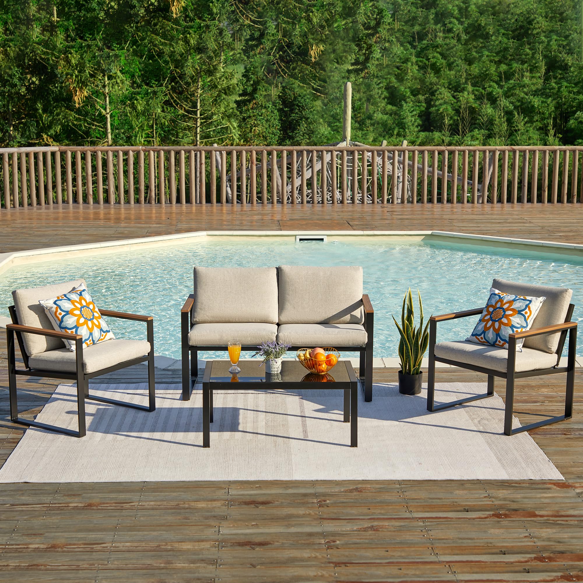 4-Piece Patio Furniture Set - Metal Outdoor Sectional Conversation Set with Wooden Anti-Scald Armrests & Sling Mesh - Includes 4