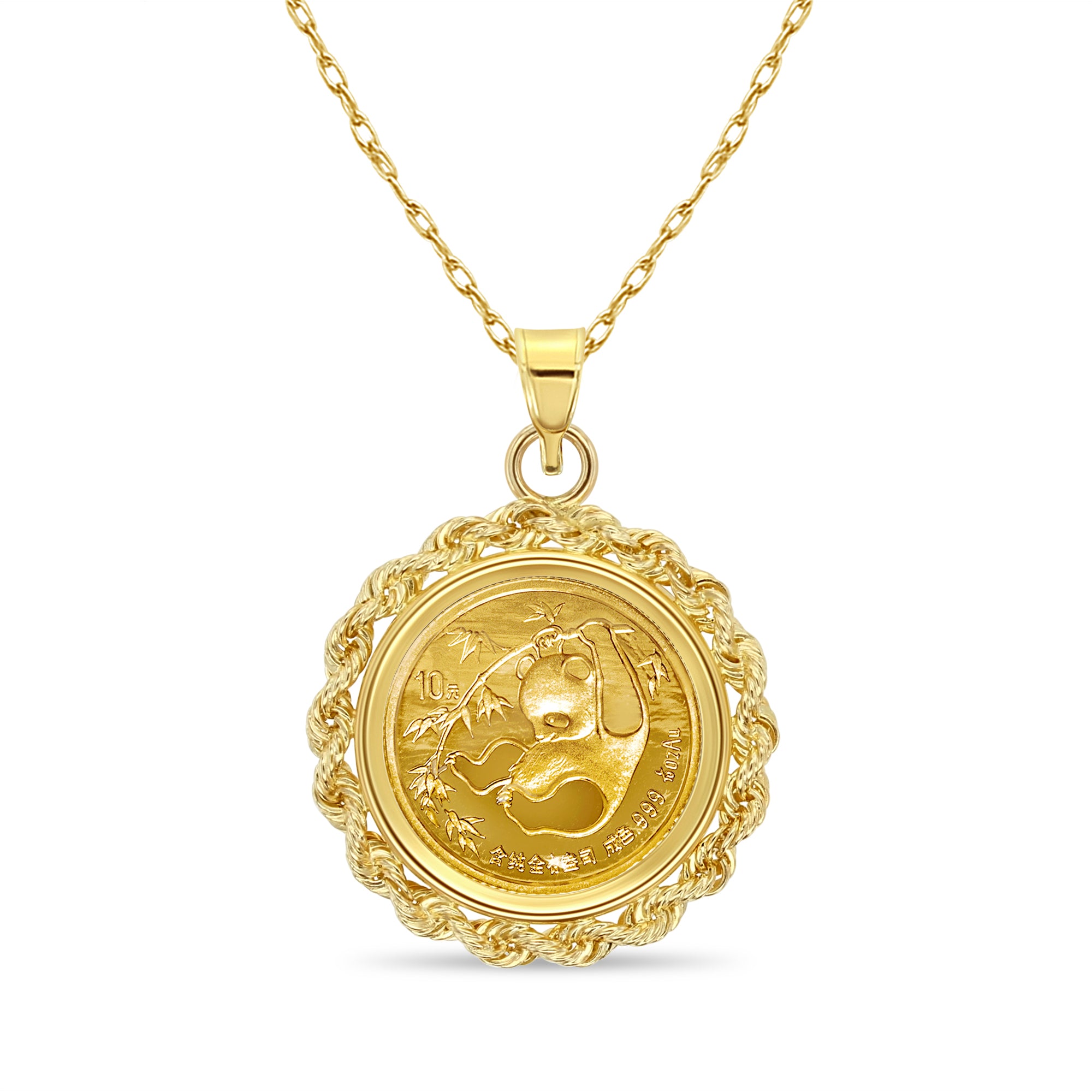 1/10 oz Chinese Panda Gold Coin Pendant Necklace with Rope Bezel - Perfect for Gifts, Collecting & Investment | Elegant Jewelry for Women & Men