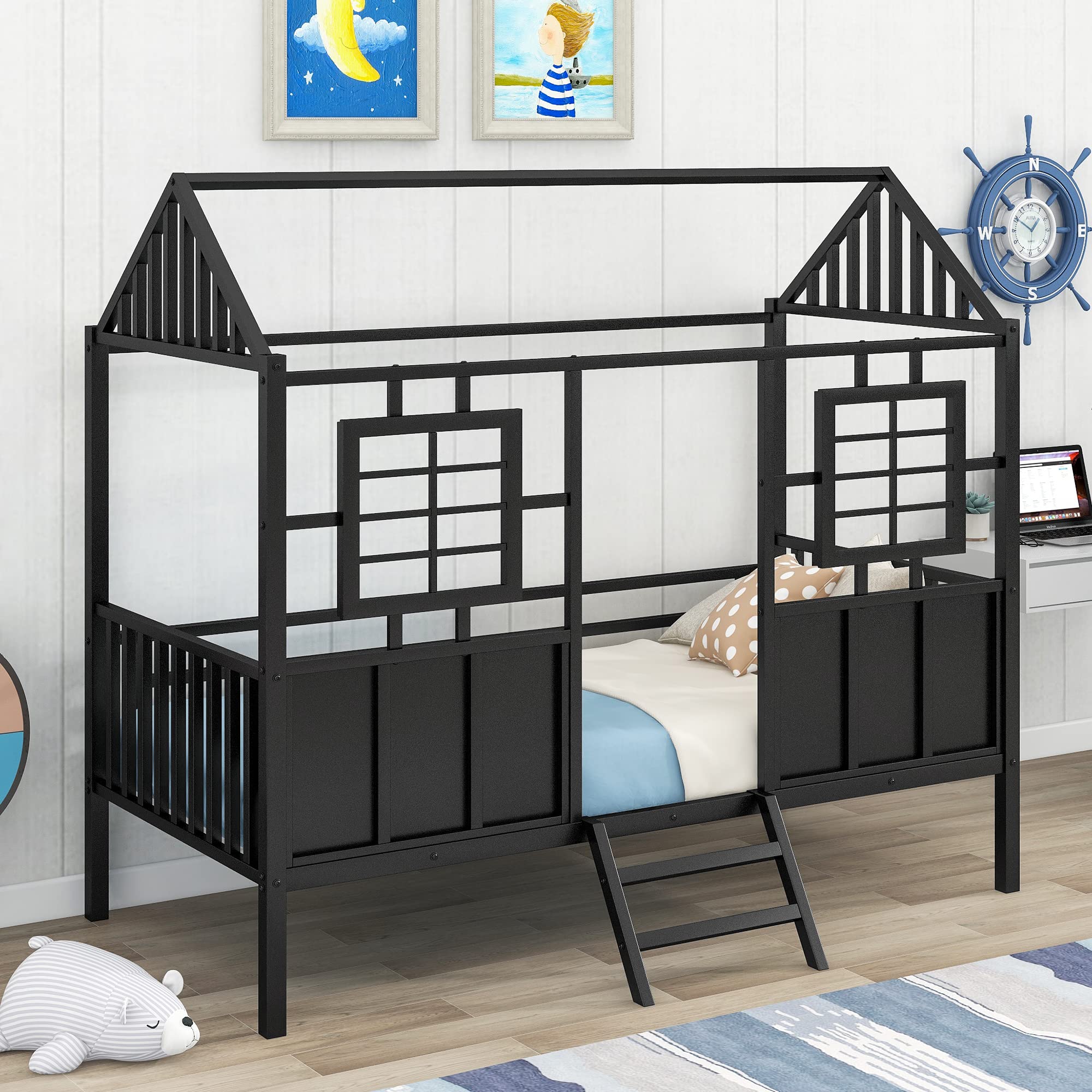 MERITLINE Twin Size House Bed Frame for Kids - Low Loft Metal Platform Bed with Roof Design, No Box Spring Required - Perfect for Boys & Girls Bedrooms (Black)