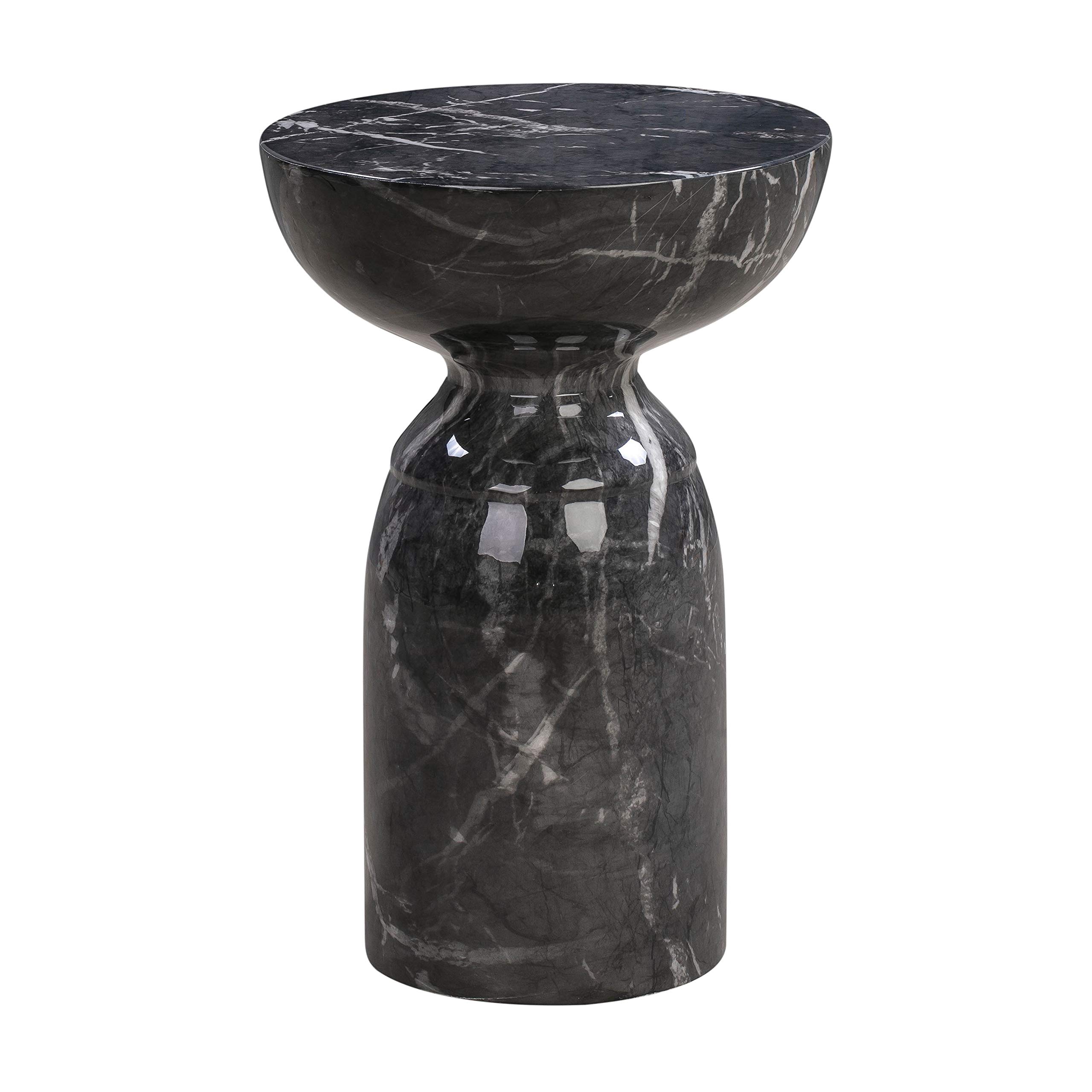 Glamorous Black Marble Side Table - Round Handmade Concrete Accent Table with Glossy Finish | Perfect for Living Room, Bedroom & Office Decor