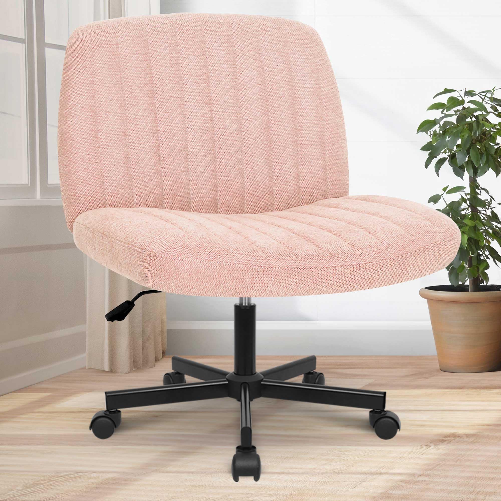 Orange Factory Criss Cross Chair with Wheels - Adjustable Rolling Armless Office Chair for Home & Desk, Comfy Cross-Legged Vanity Makeup Chair in Soft Fabric (Pink) - Perfect for Home Office, Gaming & Beauty Stations