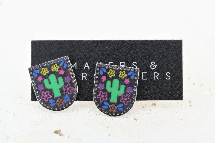 Colorful Enamel Cactus Shield Stud Earrings - Trendy Boho Jewelry for Women, Perfect for Festivals & Everyday Wear