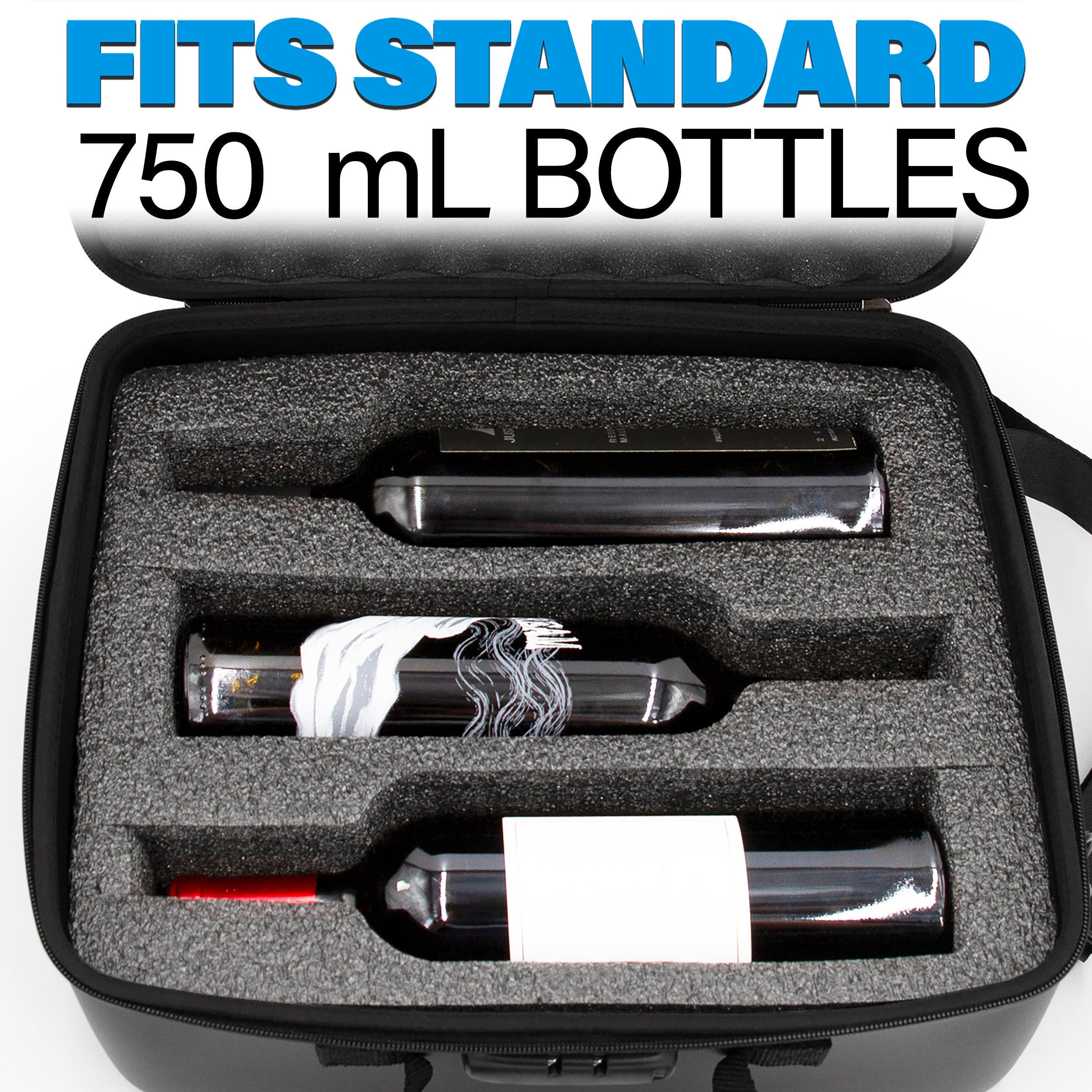 CASEMATIX 3 Bottle Wine Travel Case with Locking Zipper, Custom Foam & Carry Strap - Protective Wine Suitcase for Airplane Travel, Padded Wine Tote Bag for Gifts, Picnics & Wine Tours