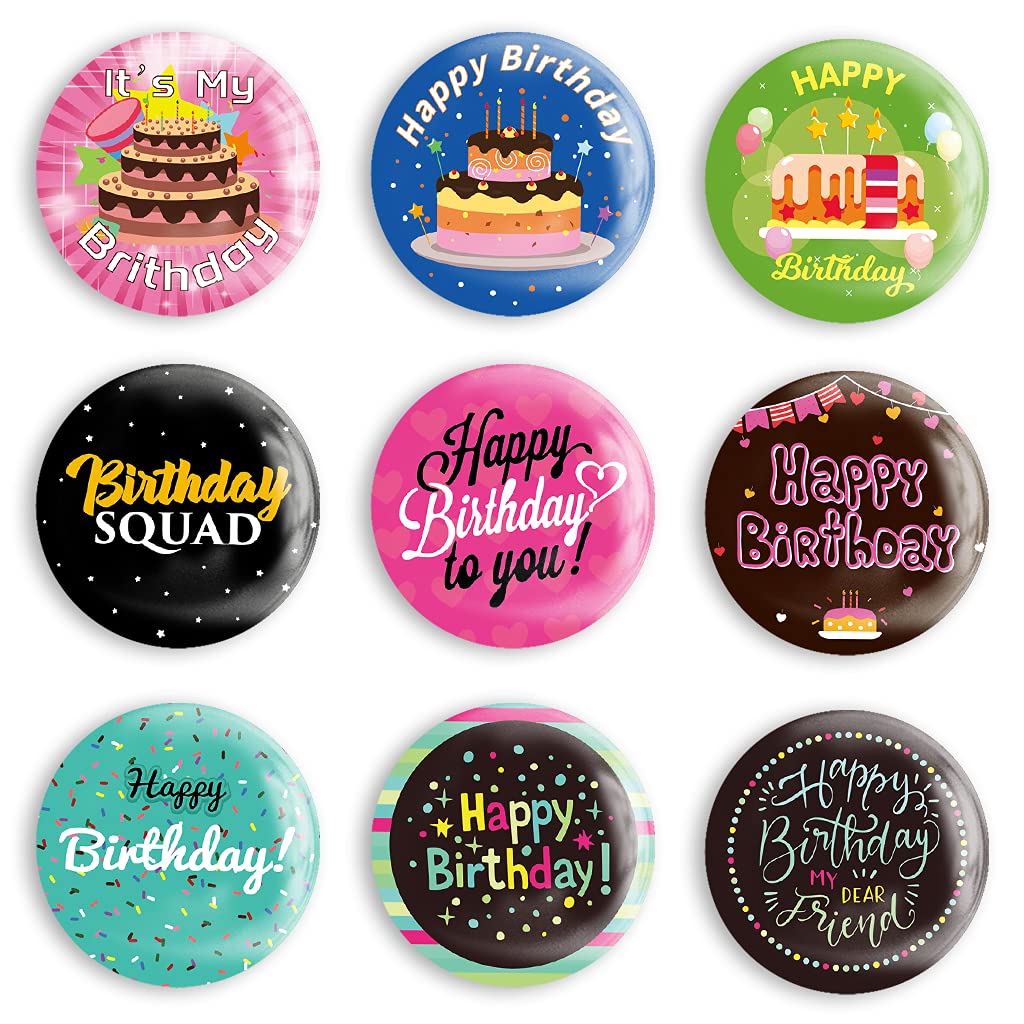 GLOBLELAND 9-Piece Happy Birthday Button Pins Set - Colorful 2.25 Inch Birthday Party Pins for Men & Women - Fun Brooches for Birthday Celebrations, Gifts & Events