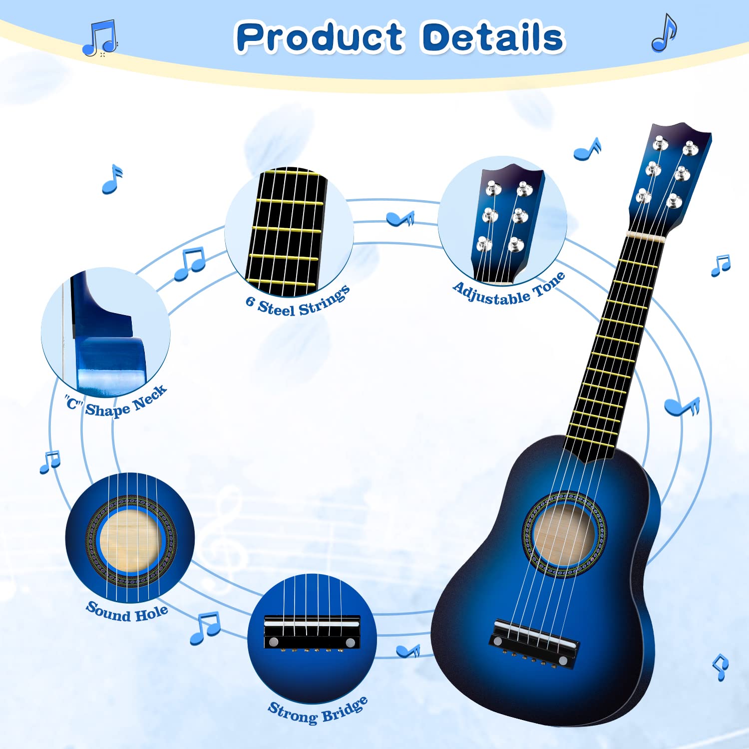 **21 Inch Wooden Acoustic Guitar for Kids - 6 String Beginner Ukulele Toy for Toddlers Ages 3-7 - Musical Learning Instrument Gift for Boys & Girls (Blue) - Perfect for Birthday, Christmas & Music Practice**