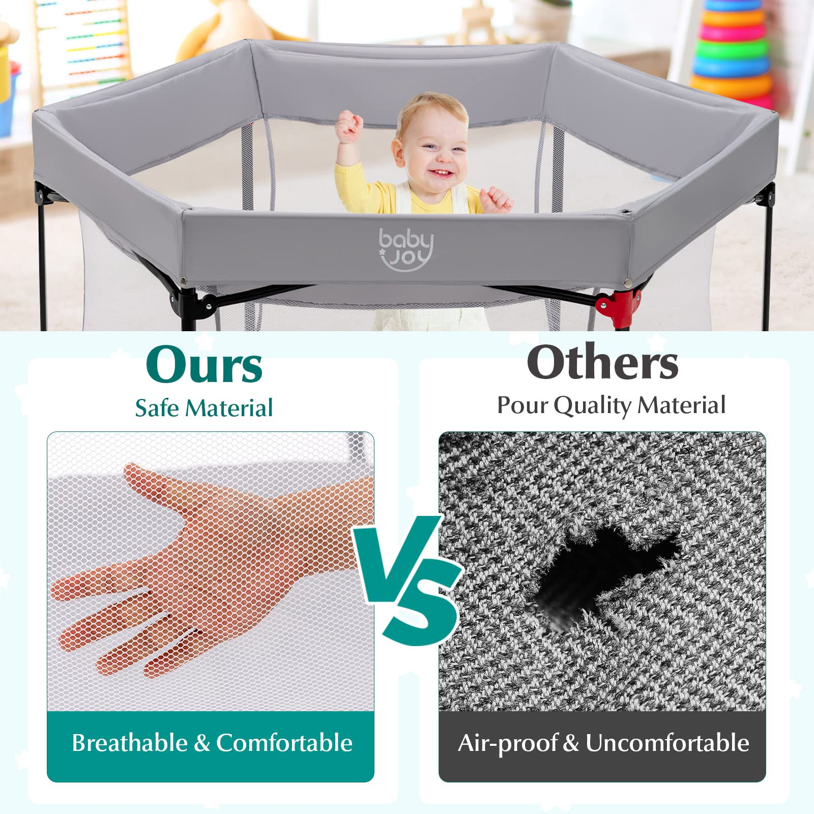 BABY JOY 53'' Portable Baby Playpen – Large Foldable Play Yard for Infants & Toddlers with UV Canopy, Padded Mat & Carry Bag | Indoor Outdoor Use for Home, Beach, Park & Backyard (Grey)