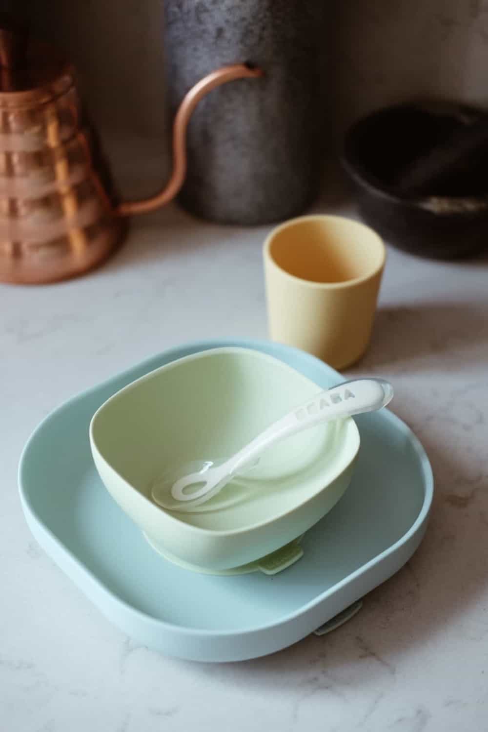 BEABA Silicone Baby Feeding Set - 4-Piece Toddler Meal Kit with Bowl, Plate, Spoon & Fork - BPA-Free, Soft & Durable for Home, Travel & Daycare Use