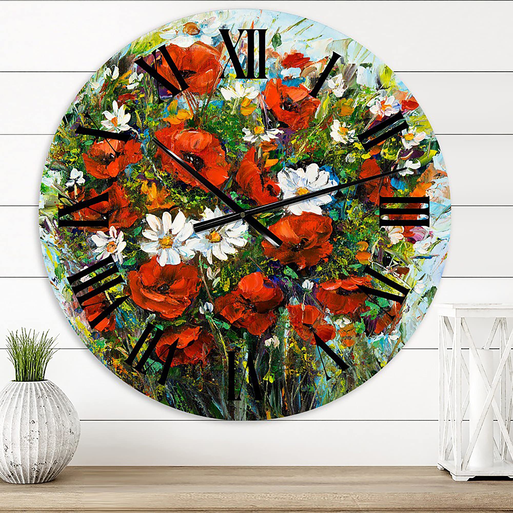 Large Floral Wall Clock - Bouquet of Red & White Wildflowers - Traditional Home Decor Clock - Perfect for Living Room, Bedroom & Office Décor