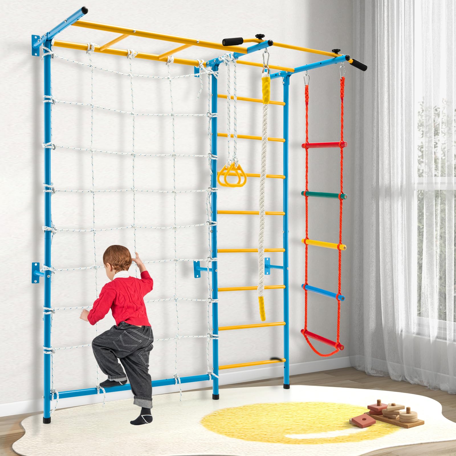 **HONEY JOY 7-in-1 Kids Climbing Gym Set for Toddlers - Indoor Metal Playground with Rope Ladder, Pull-up Bar, Monkey Bars & Gymnastic Rings - Safe & Durable Wall-Mounted Exercise Equipment for Home, Playroom, or Backyard Fun**
