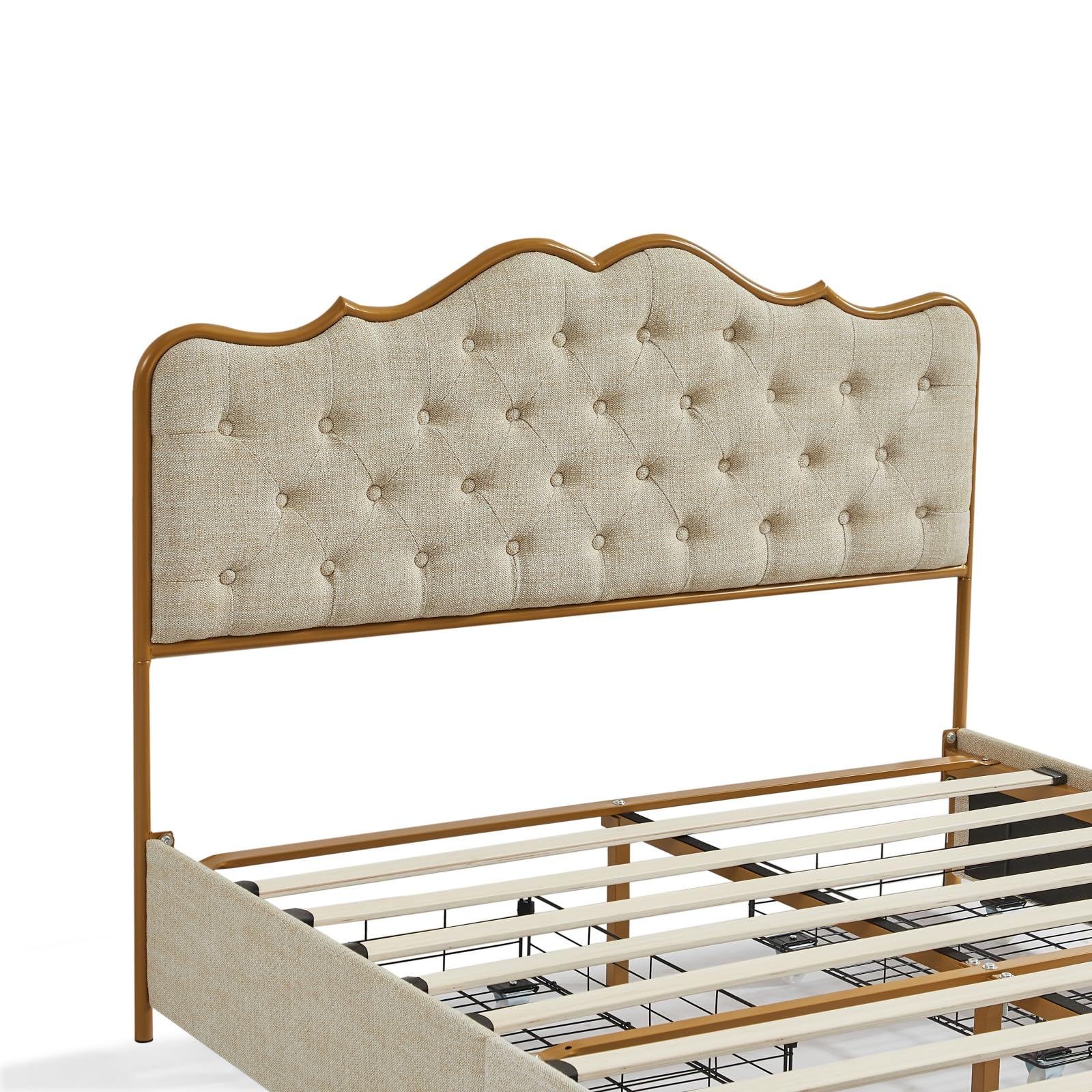 Dolonm Full Size Classic Buckle Platform Bed Frame with 4 Storage Drawers, Metal Frame & Wooden Slats Support - Beige & Yellow Leather Upholstered Headboard - Perfect for Small Bedrooms, Guest Rooms & Dormitories