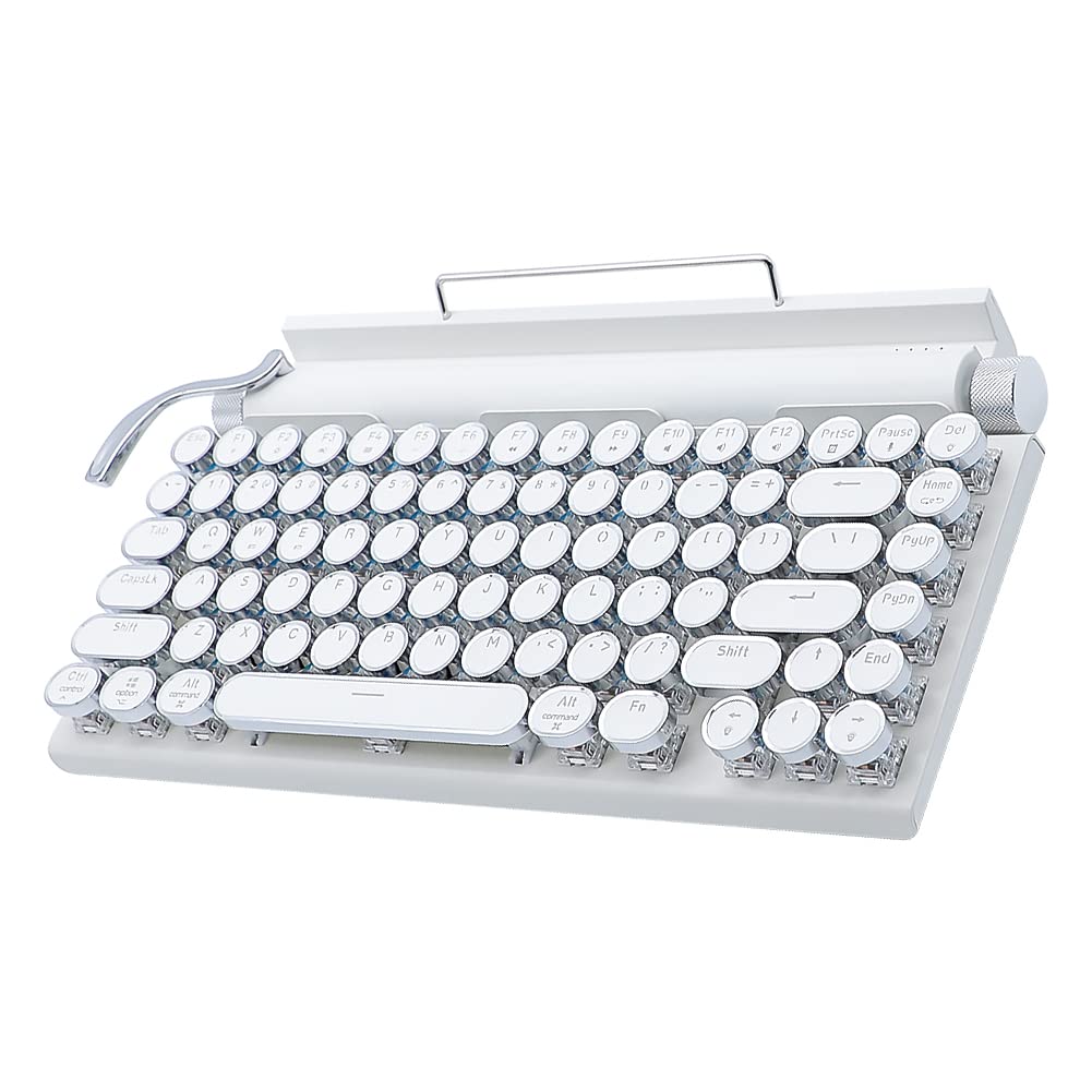 83-Key Retro Typewriter Style Wireless Mechanical Keyboard with Blue Switches - Anti-Ghosting, Bluetooth Connectivity for Gaming & Typing - Perfect for Office Work, Gaming Setup and Vintage Computer Enthusiasts (White)