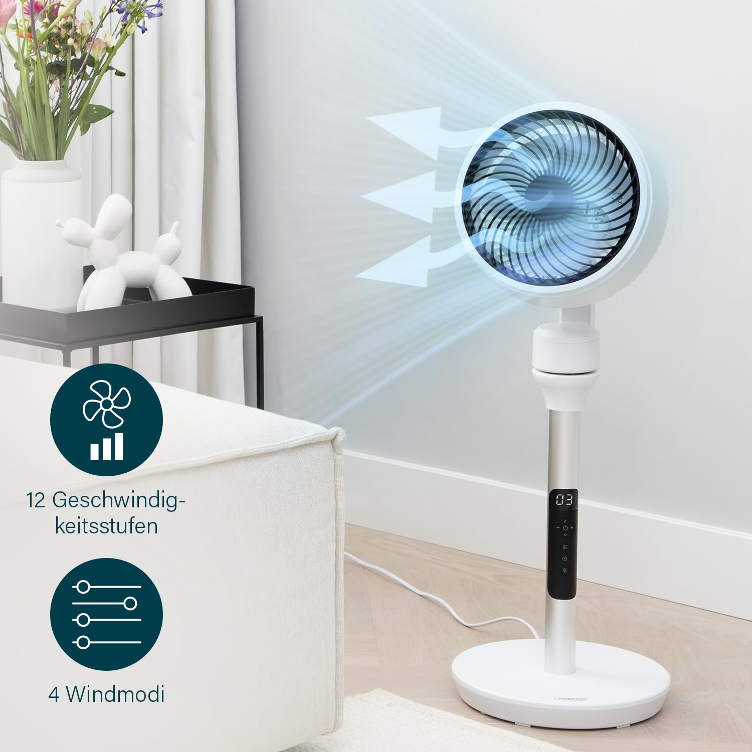 Princess Ventilator - Ultra Quiet 3D Oscillation Tower Fan with Remote, 12 Speeds & 4 Modes - Perfect for Bedroom & Office Air Circulation - Energy Efficient Cooling with Timer Function