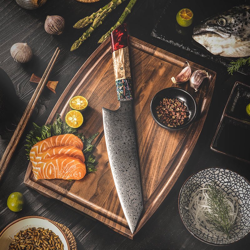 Premium Japanese Chef Knife Set - VG-10 Damascus Steel Blade with Exotic Stabilized Olive Wood Handle & Leather Sheath - Perfect for Professional Chefs & Home Cooking Enthusiasts