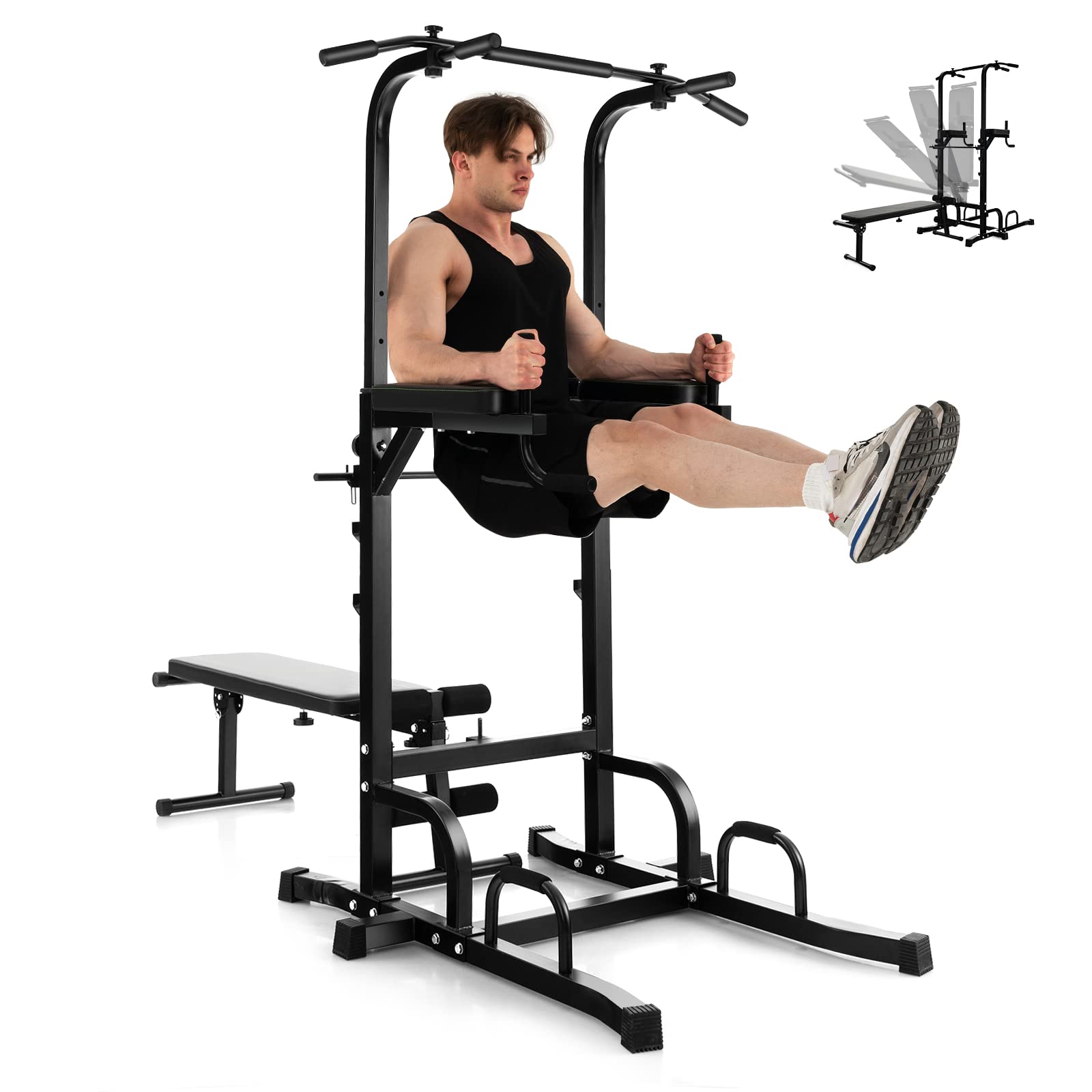 GYMAX Adjustable Height Power Tower with Bench & Pull Up Bar - Foldable Heavy Duty Full Body Strength Training Equipment for Home Gym - Perfect for Chin Ups, Dips, and Full-Body Workouts at Home